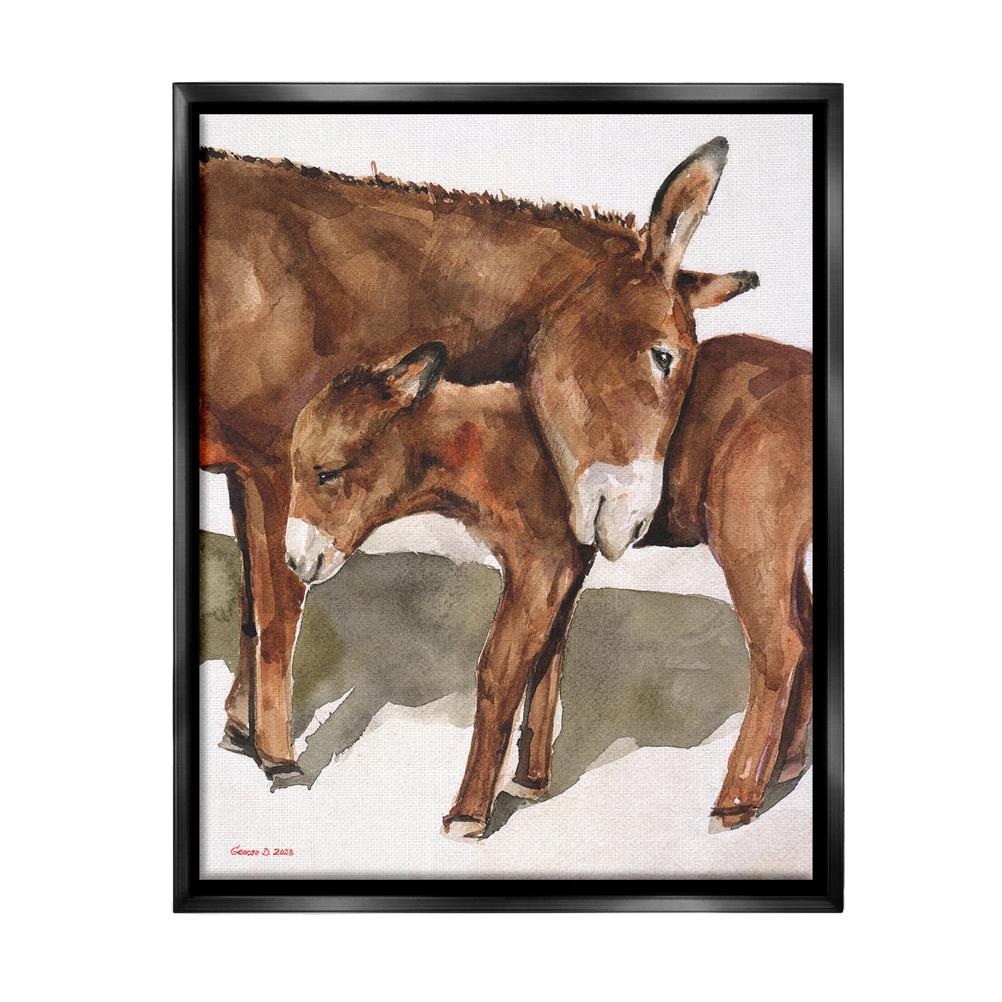 Stupell Industries Cuddling Donkey & Foal Animals & Insects Painting Black Floater Framed Canvas Art Print Wall Art, 17 x 21