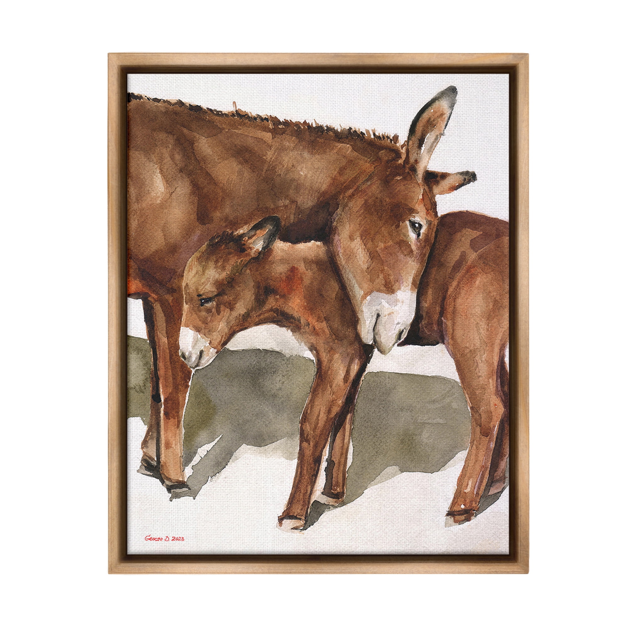 Stupell Industries Cuddling Donkey & Foal Animals & Insects Painting Brown Floater Framed Canvas Art Print Wall Art, 25 x 31
