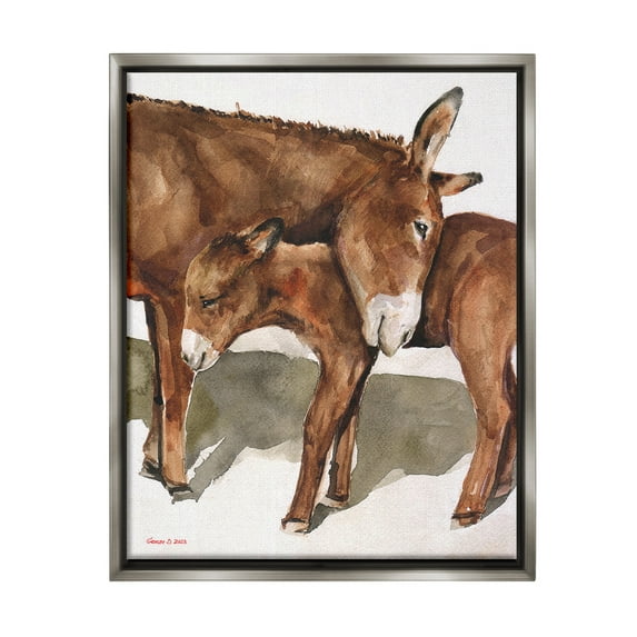 Stupell Industries Cuddling Donkey & Foal Animals & Insects Painting Gray Floater Framed Canvas Art Print Wall Art, 17 x 21
