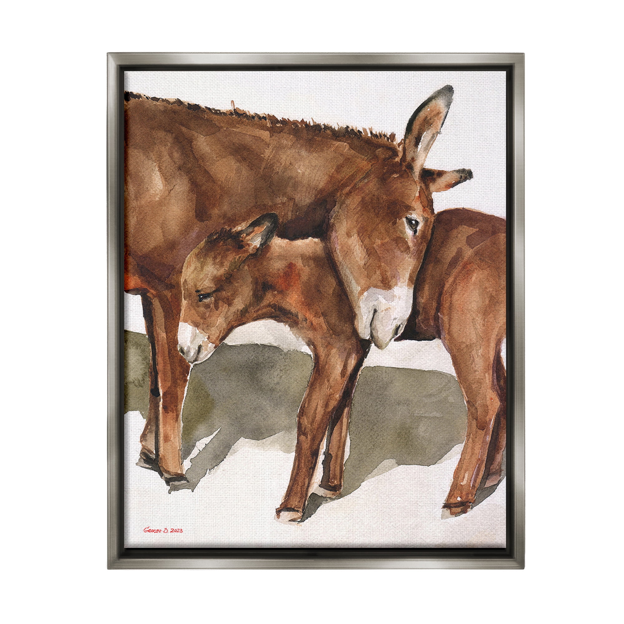 Stupell Industries Cuddling Donkey & Foal Animals & Insects Painting Gray Floater Framed Canvas Art Print Wall Art, 25 x 31