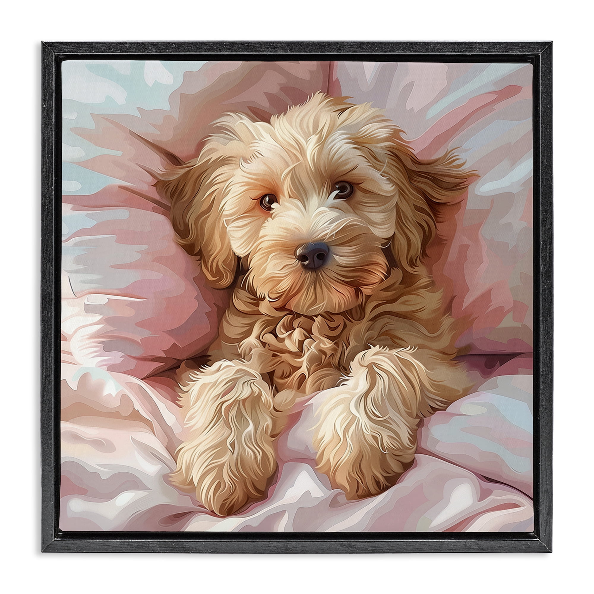 Stupell Industries Cuddling Labradoodle Bed Animals Painting Black Floater Framed Canvas Art Print Wall Art, 25 x 25