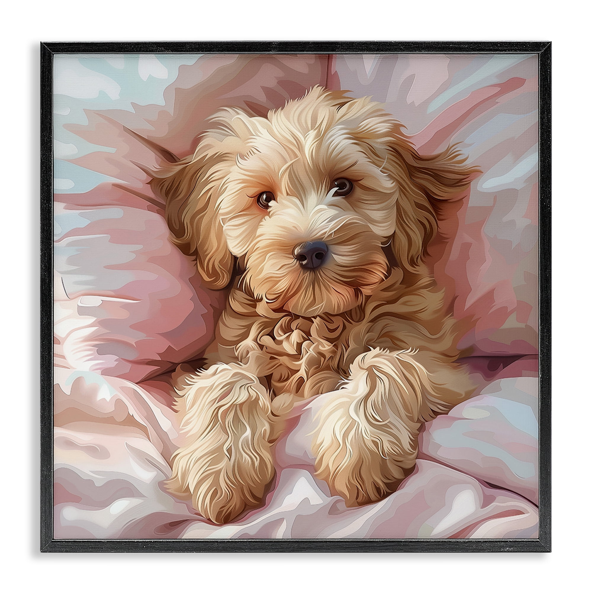 Stupell Industries Cuddling Labradoodle Bed Animals Painting Black Framed Art Print Wall Art, 12 x 12