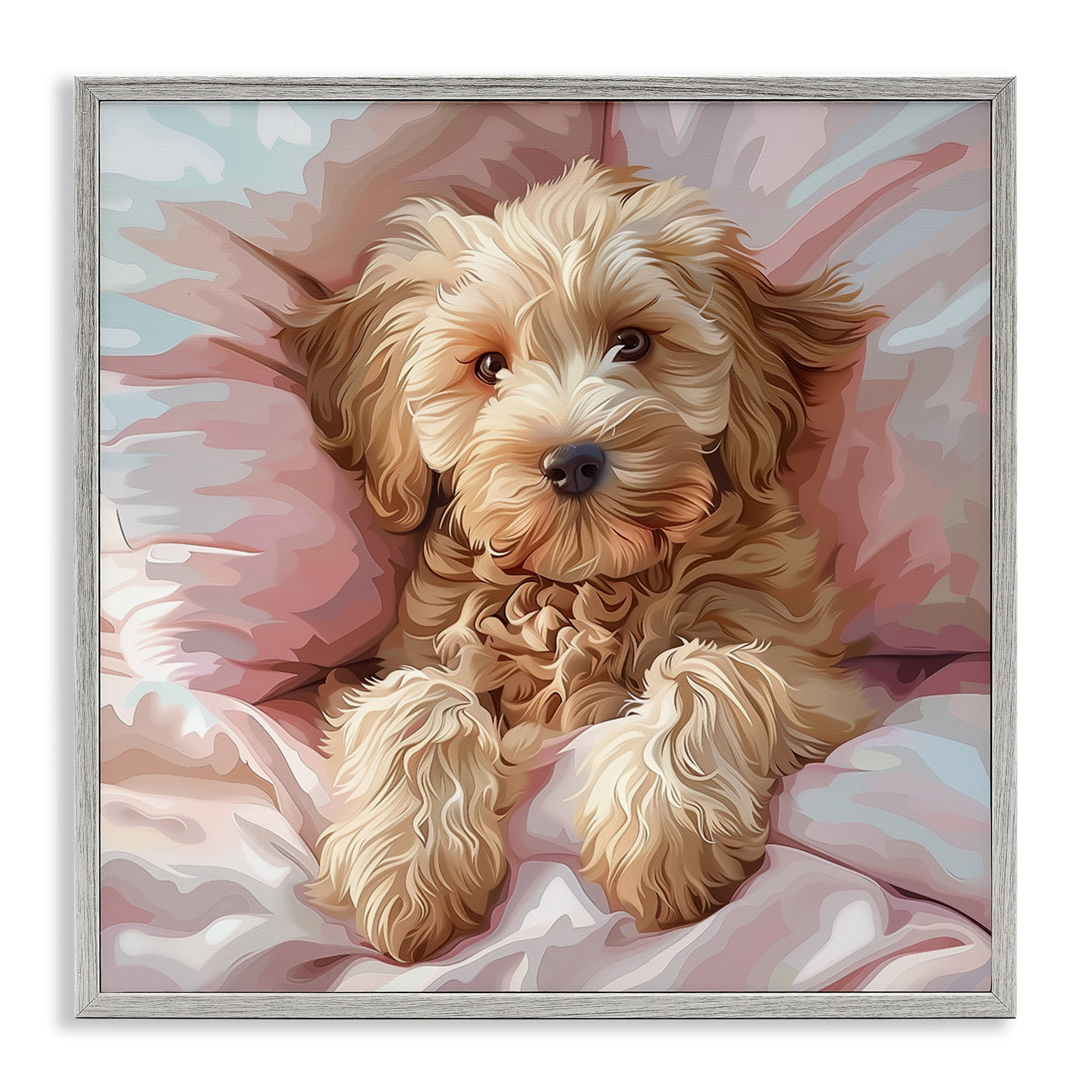 Stupell Industries Cuddling Labradoodle Bed Animals Painting Gray Framed Art Print Wall Art, 24 x 24