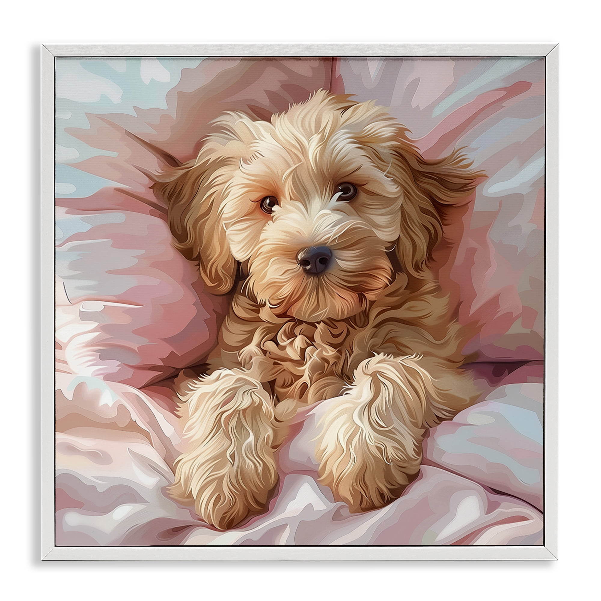 Stupell Industries Cuddling Labradoodle Bed Animals Painting White Framed Art Print Wall Art, 17 x 17