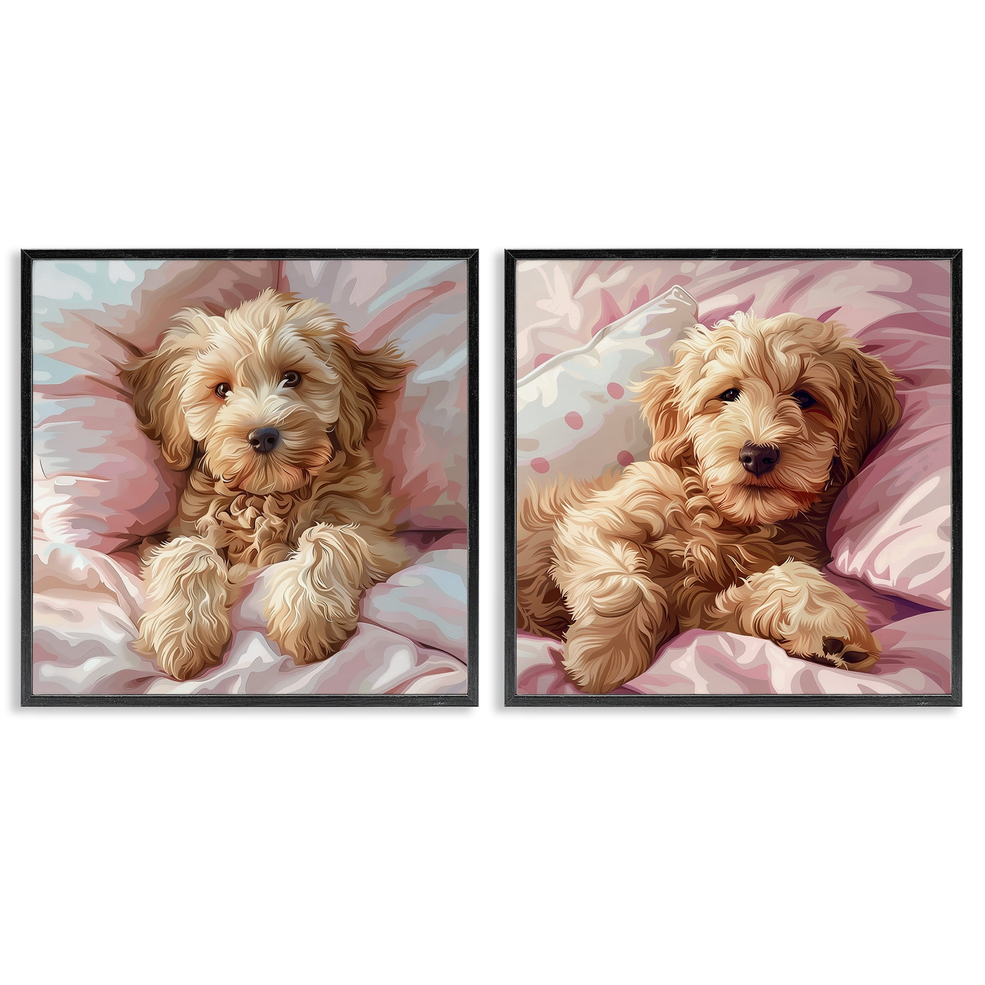 Stupell Industries Cuddling Labradoodle in Bed Animals Painting Black Framed Art Print Wall Art, 24 x 24, Set of 2