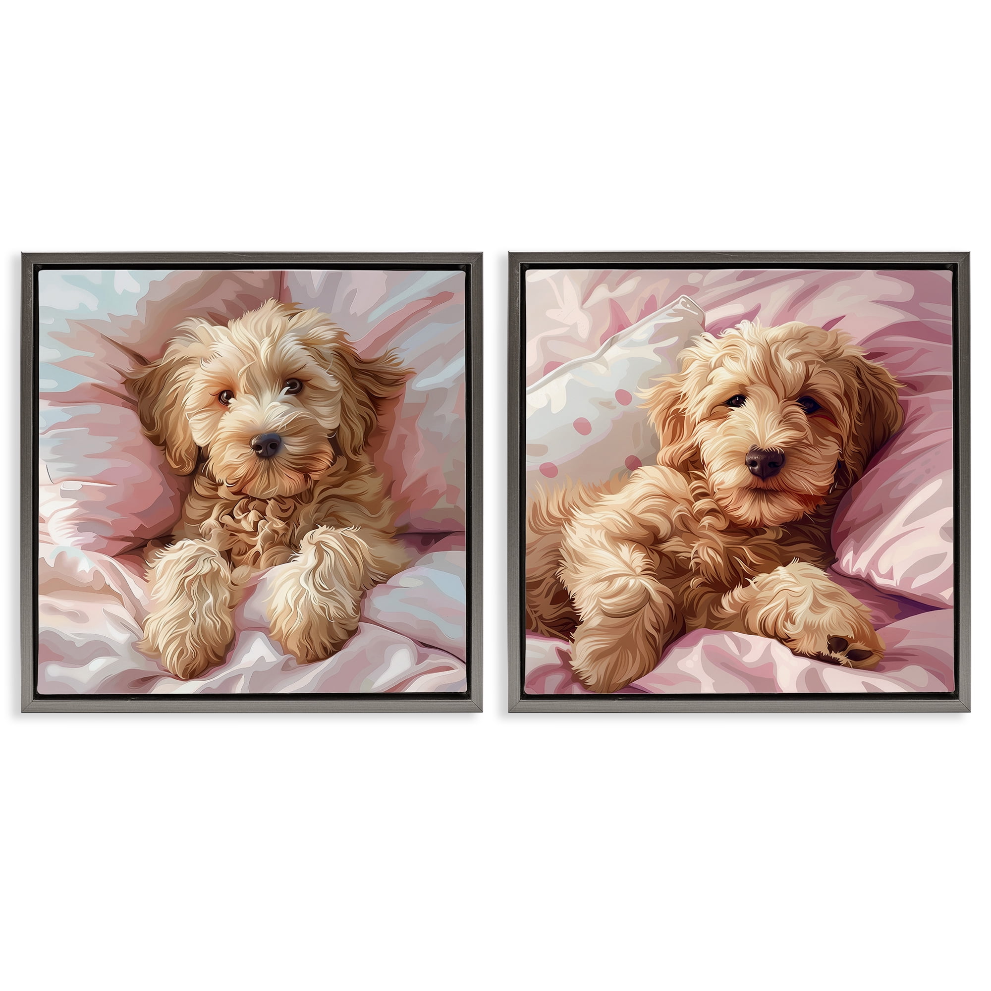 Stupell Industries Cuddling Labradoodle in Bed Animals Painting Gray Floater Framed Canvas Art Print Wall Art, 18 x 18, Set of 2