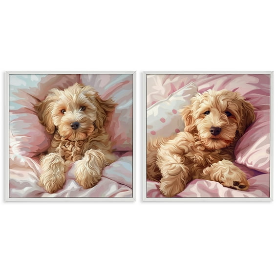 Stupell Industries Cuddling Labradoodle in Bed Animals Painting White Framed Art Print Wall Art, 12 x 12, Set of 2