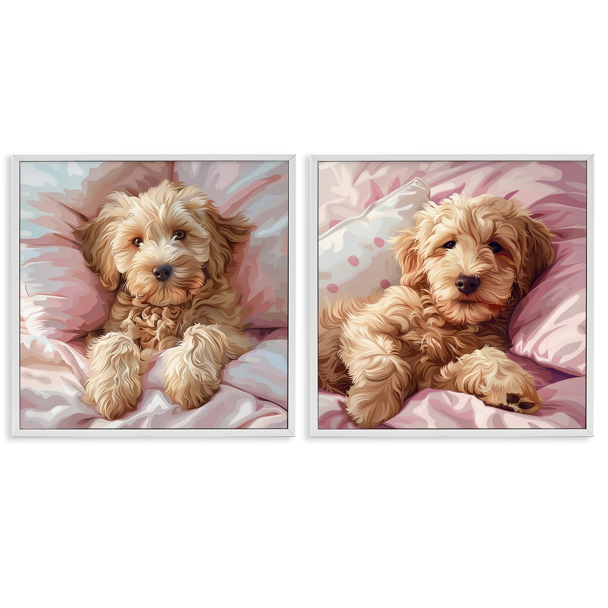 Stupell Industries Cuddling Labradoodle in Bed Animals Painting White Framed Art Print Wall Art, 24 x 24, Set of 2