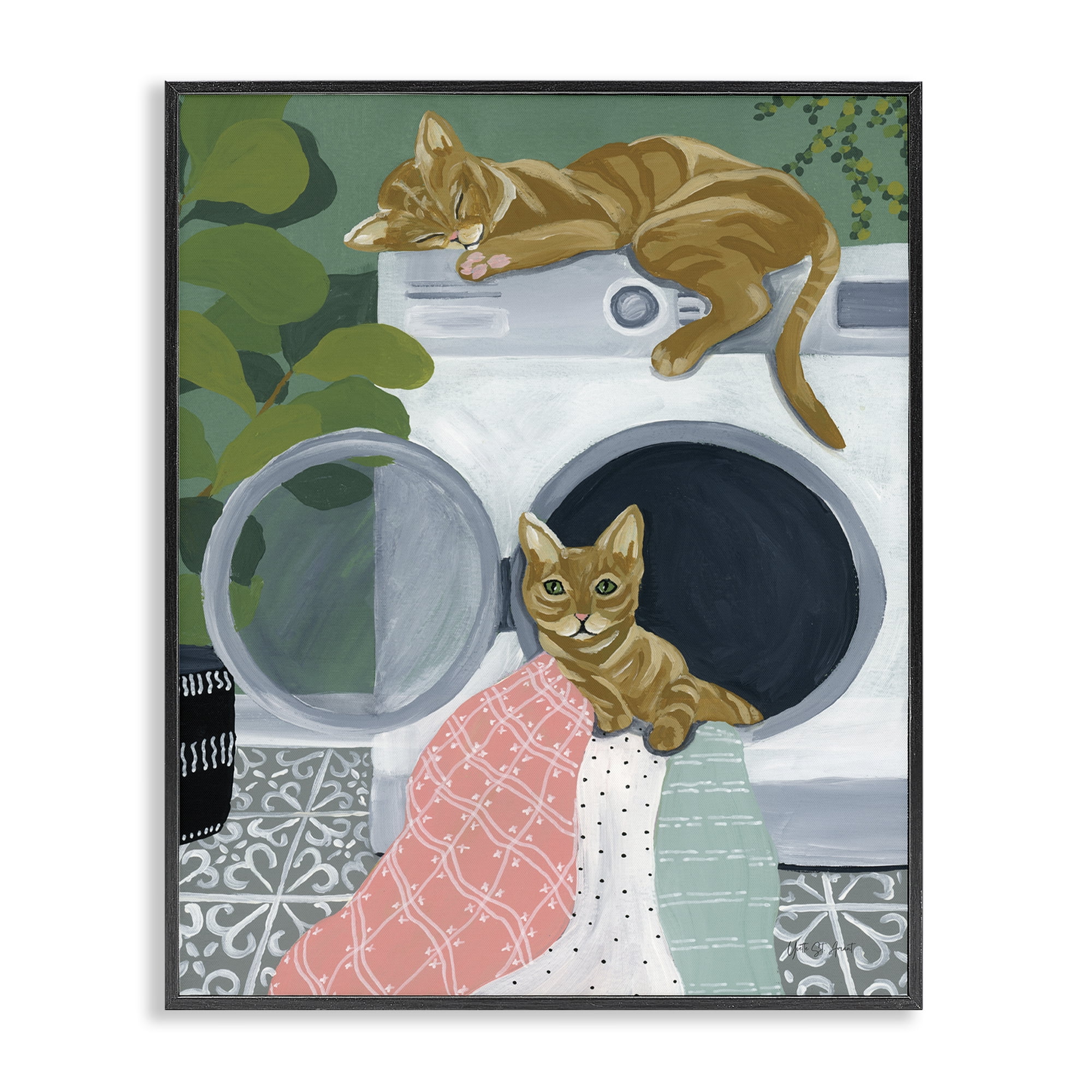 Stupell Industries Cuddling Laundry Cats Bath & Laundry Painting Black Framed Art Print Wall Art, 24 x 30