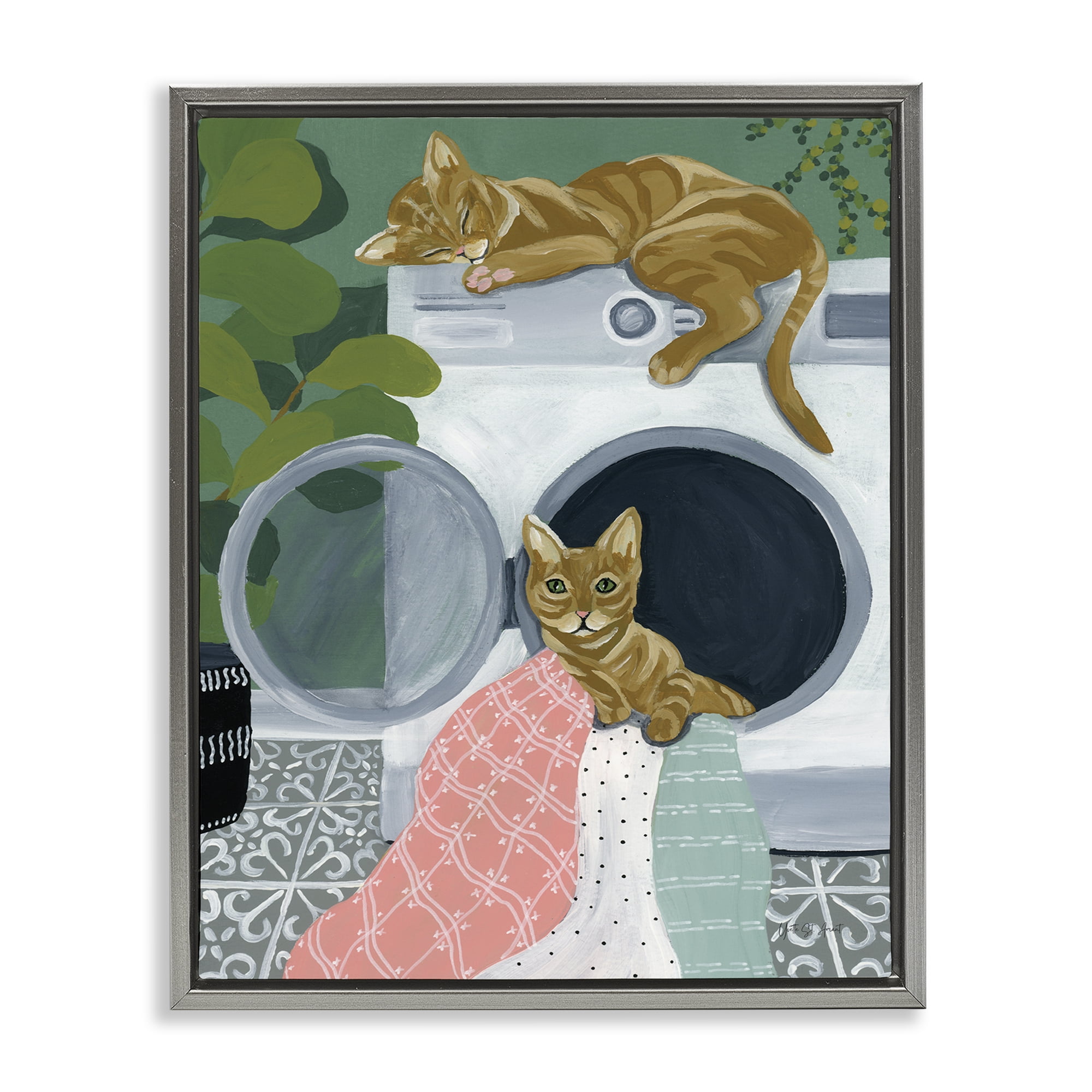Stupell Industries Cuddling Laundry Cats Bath & Laundry Painting Gray Floater Framed Canvas Art Print Wall Art, 25 x 31