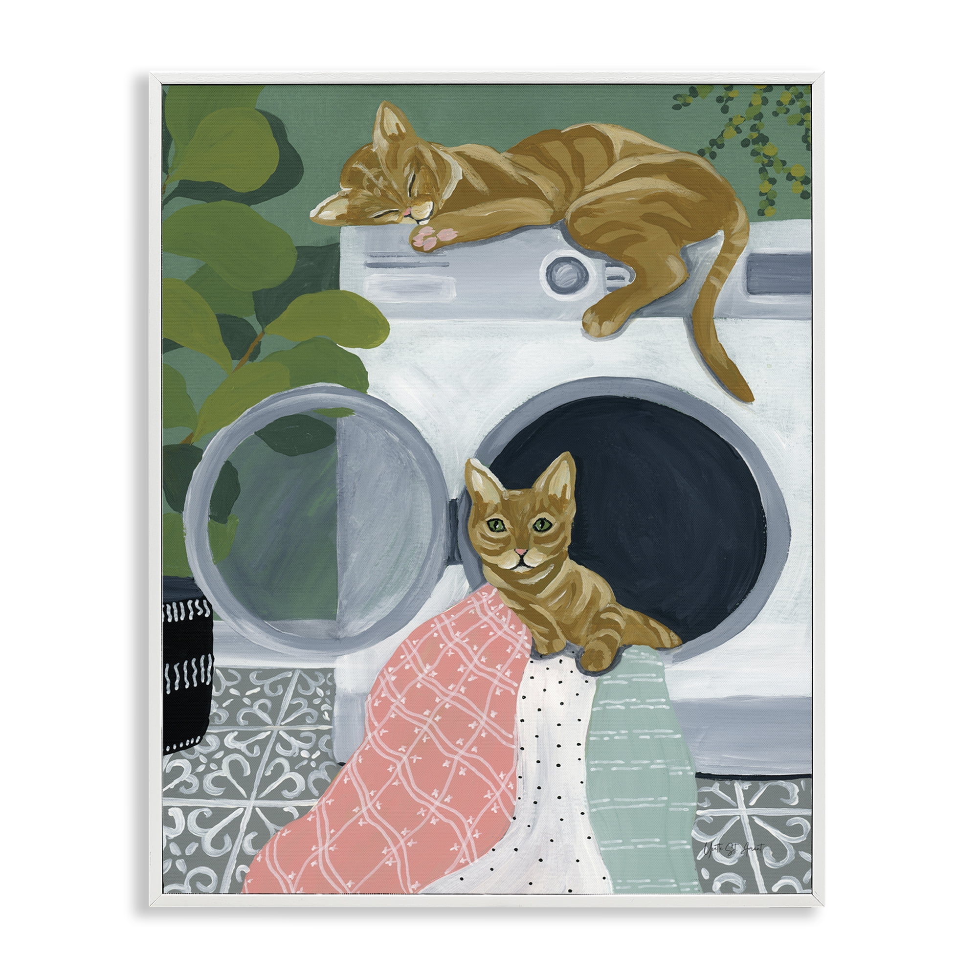 Stupell Industries Cuddling Laundry Cats Bath & Laundry Painting White Framed Art Print Wall Art, 11 x 14