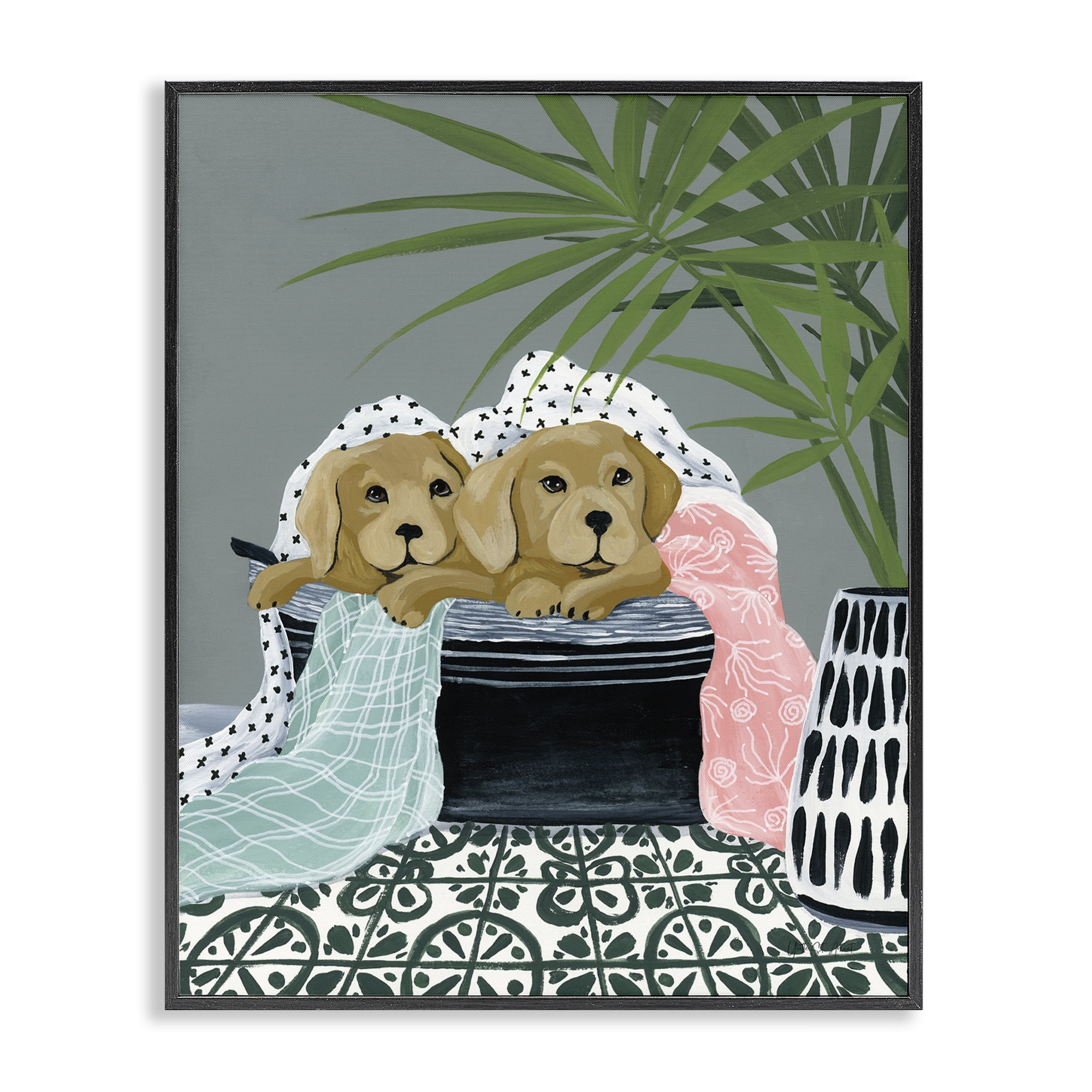 Stupell Industries Cuddling Laundry Dogs Bath & Laundry Painting Black Framed Art Print Wall Art, 24 x 30