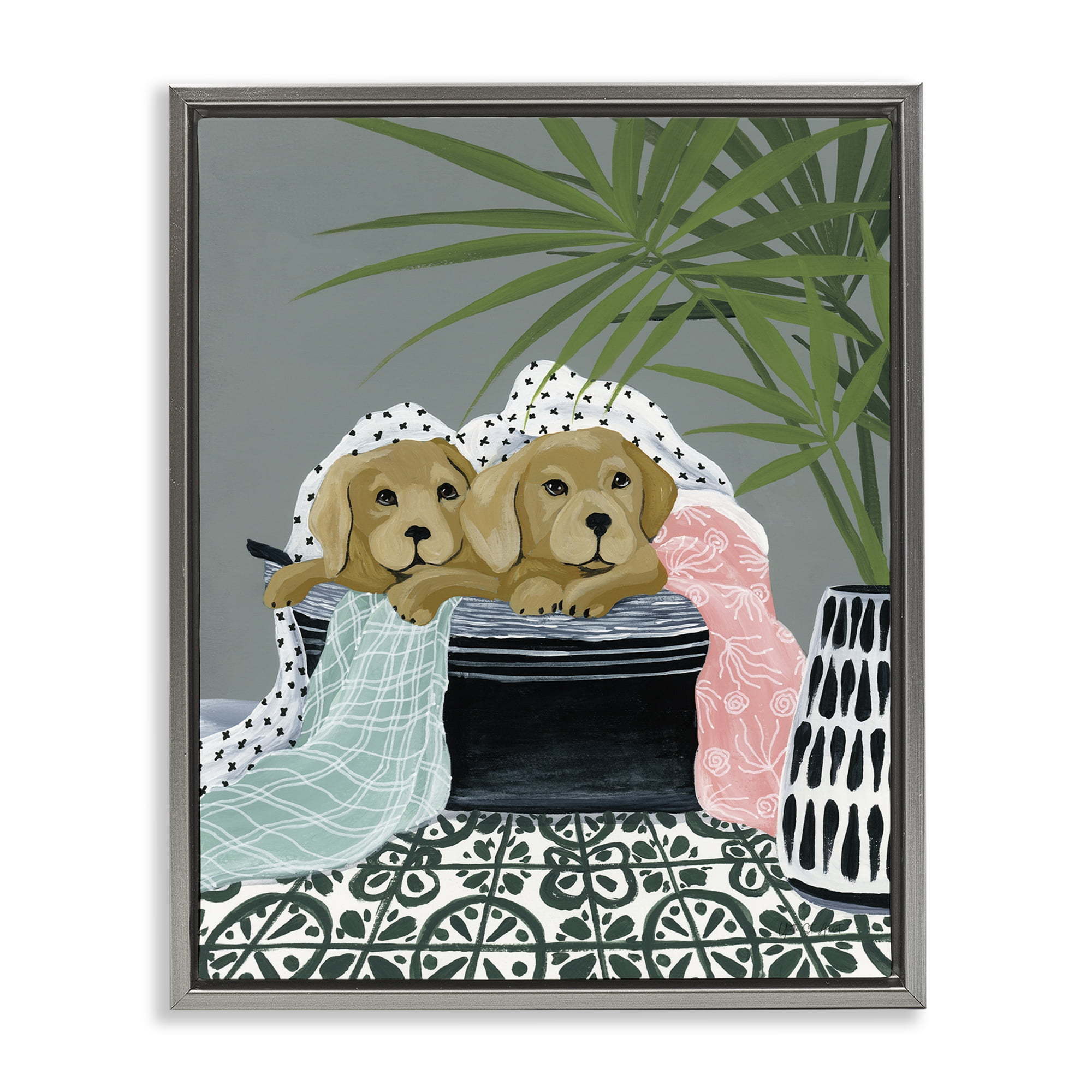 Stupell Industries Cuddling Laundry Dogs Bath & Laundry Painting Gray Floater Framed Canvas Art Print Wall Art, 25 x 31