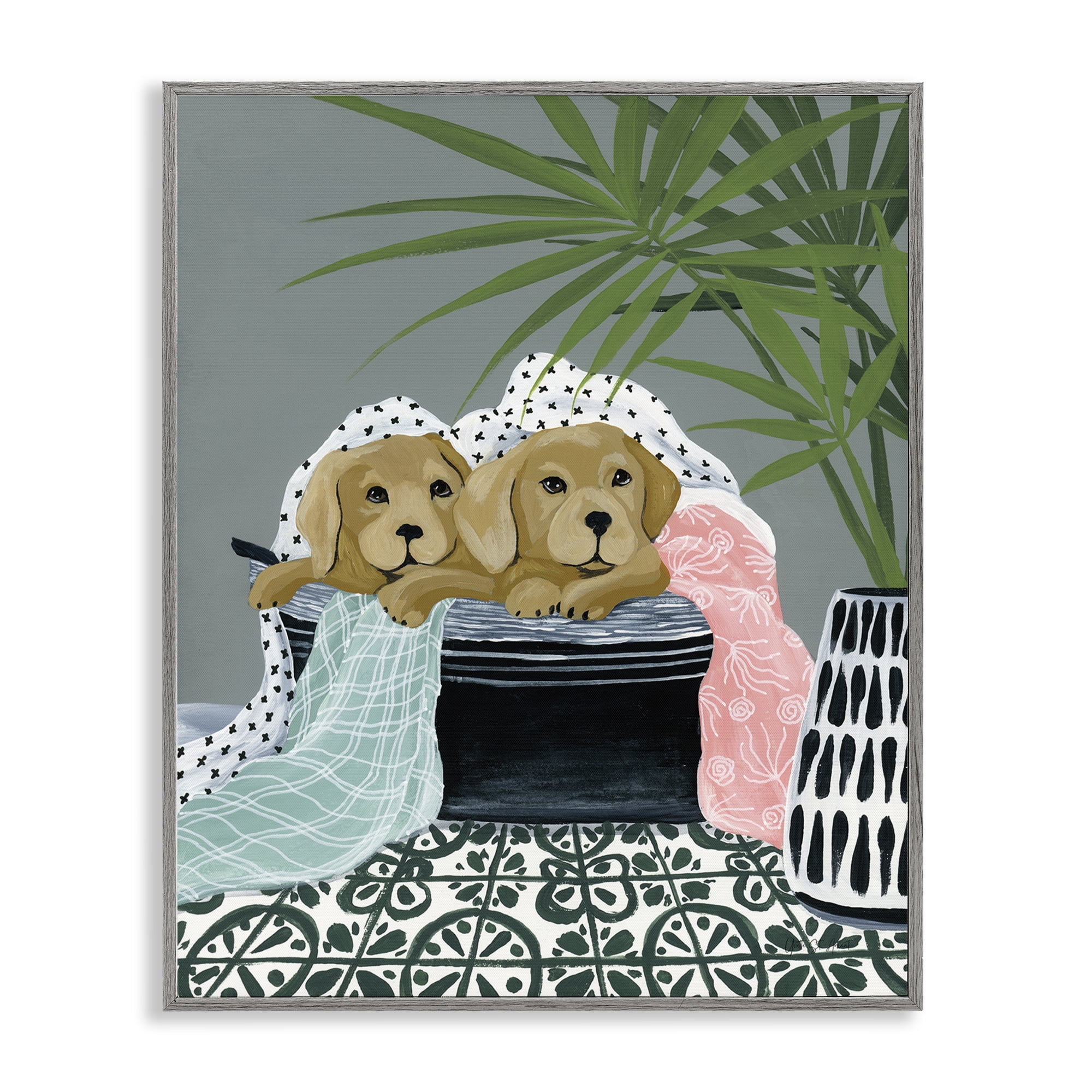 Stupell Industries Cuddling Laundry Dogs Bath & Laundry Painting Gray Framed Art Print Wall Art, 11 x 14