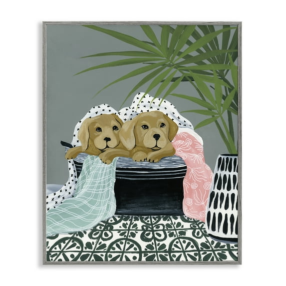 Stupell Industries Cuddling Laundry Dogs Bath & Laundry Painting Gray Framed Art Print Wall Art, 16 x 20