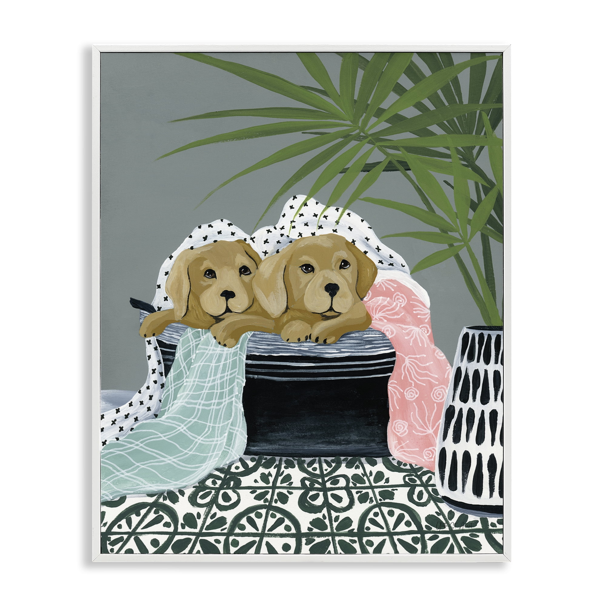 Stupell Industries Cuddling Laundry Dogs Bath & Laundry Painting White Framed Art Print Wall Art, 16 x 20