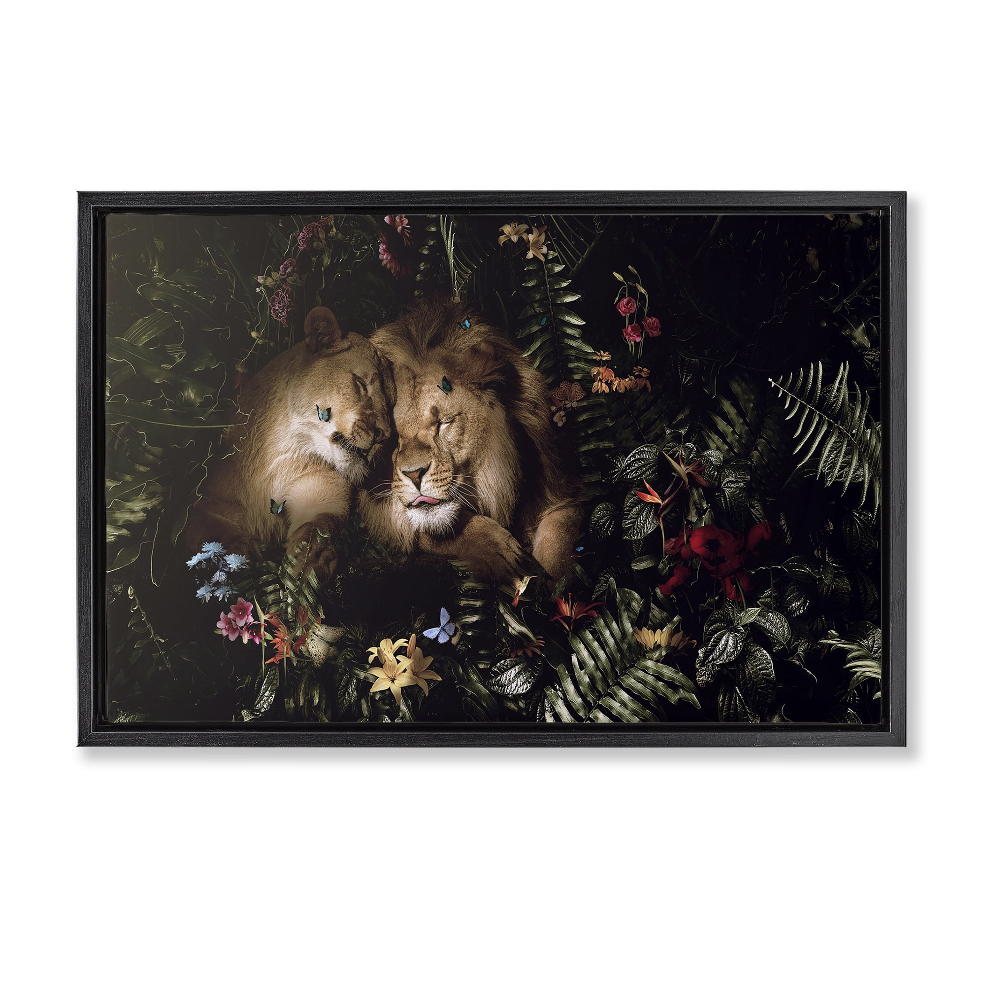 Stupell Industries Cuddling Lions Among Leaves Plants & Flowers Painting Black Floater Framed Canvas Art Print Wall Art, 25 x 17