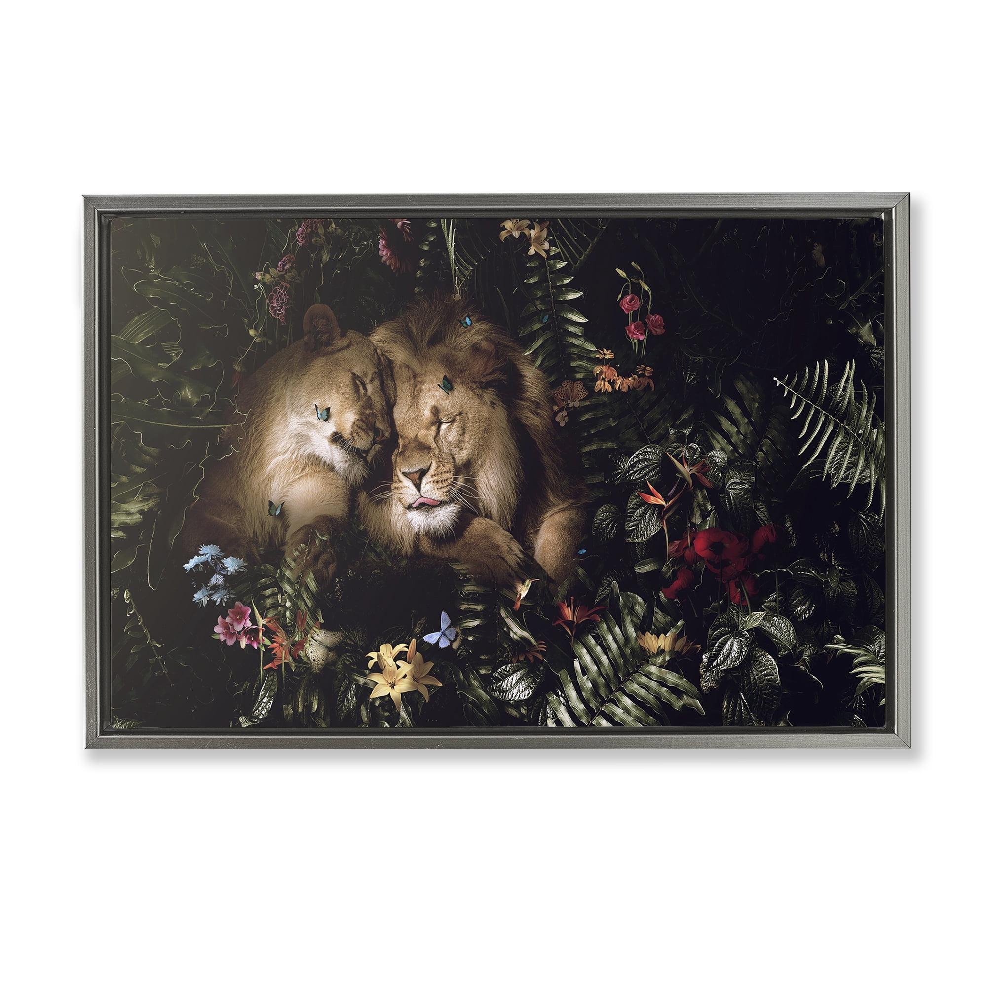 Stupell Industries Cuddling Lions Among Leaves Plants & Flowers Painting Gray Floater Framed Canvas Art Print Wall Art, 31 x 21