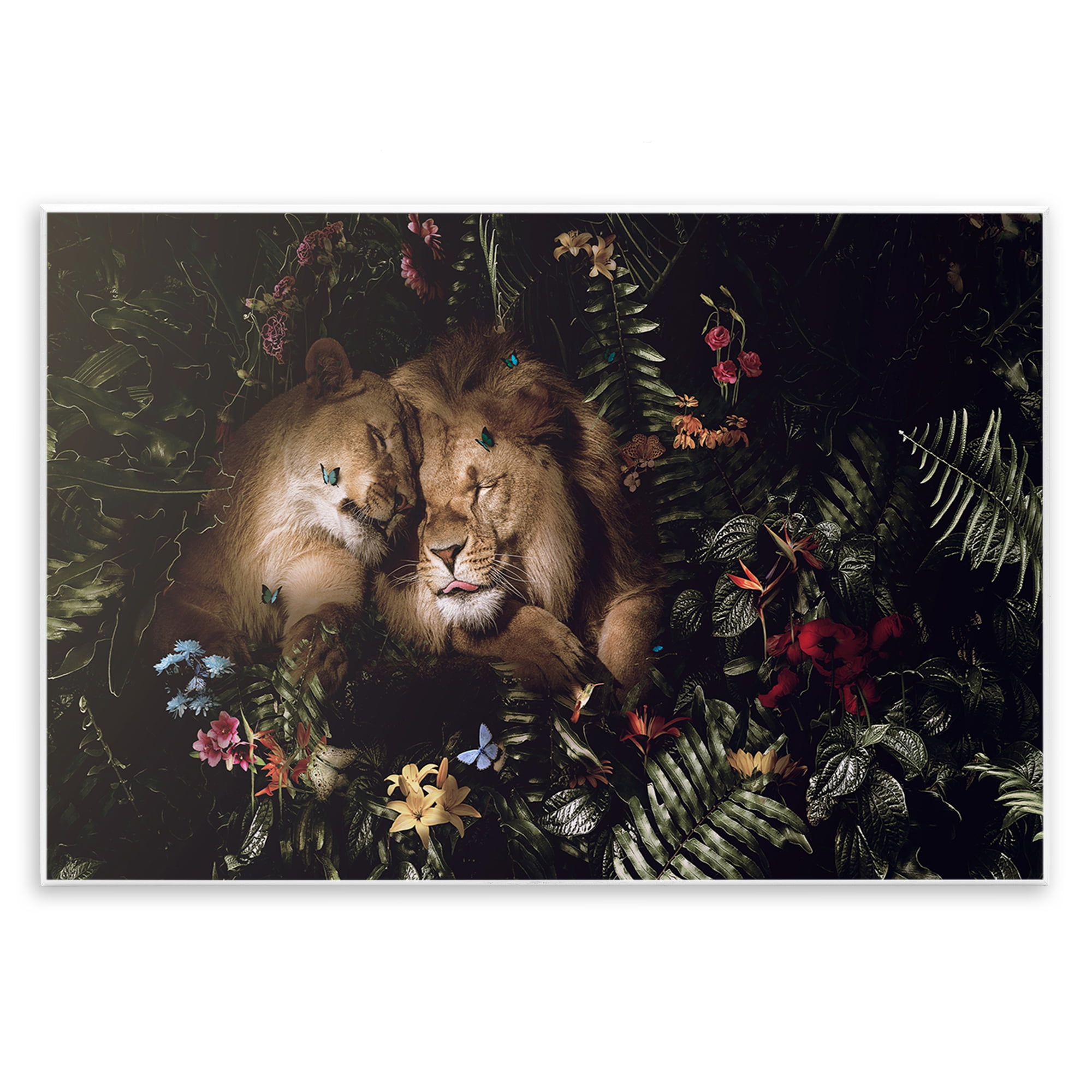 Stupell Industries Cuddling Lions Among Leaves Plants & Flowers Painting Unframed Art Print Wall Art, 19 x 13