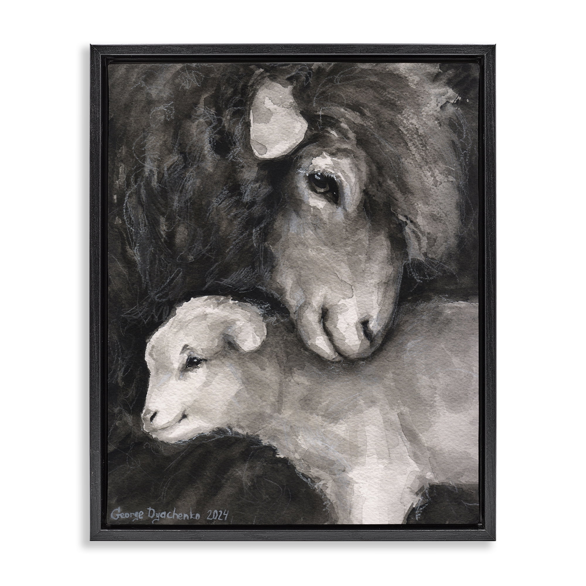Stupell Industries Cuddling Sheep & Lamb Animals Painting Black Floater Framed Canvas Art Print Wall Art, 25 x 31
