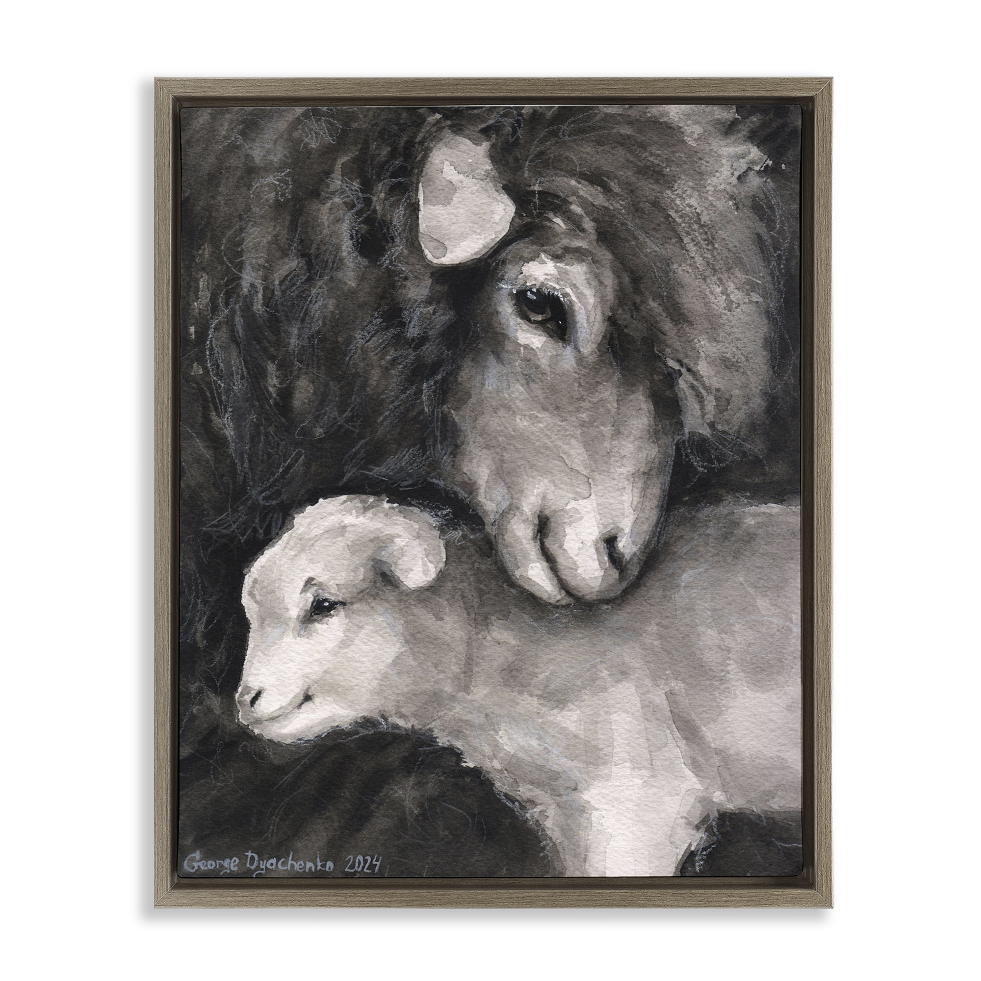Stupell Industries Cuddling Sheep & Lamb Animals Painting Brown Floater Framed Canvas Art Print Wall Art, 17 x 21
