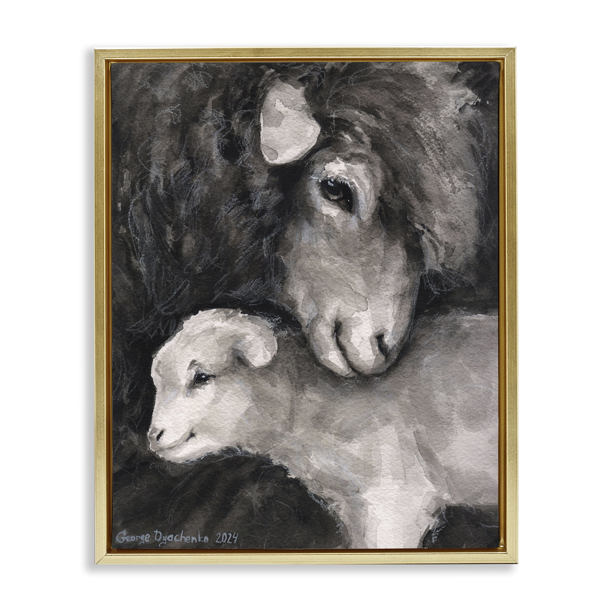 Stupell Industries Cuddling Sheep & Lamb Animals Painting Gold Floater Framed Canvas Art Print Wall Art, 17 x 21