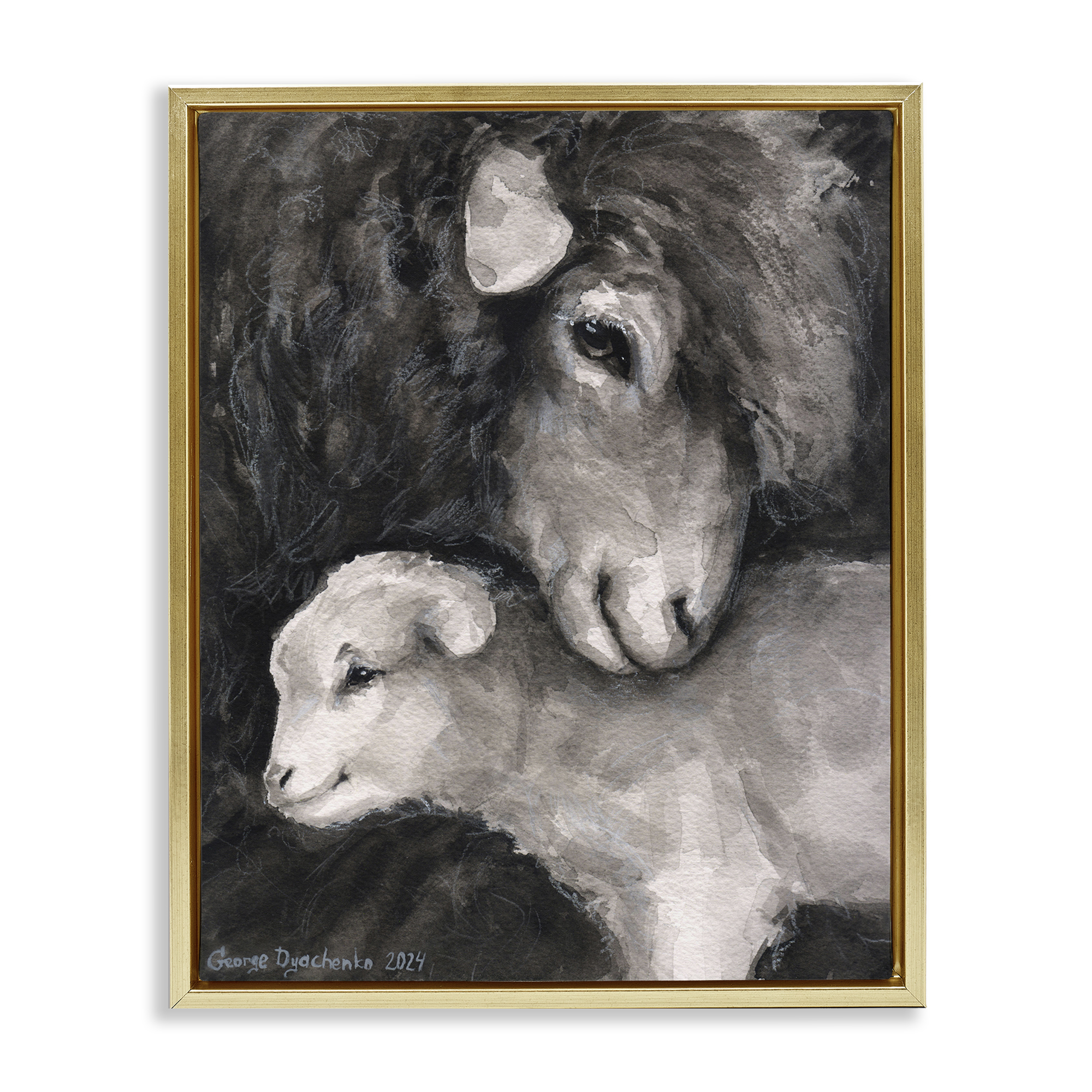 Stupell Industries Cuddling Sheep & Lamb Animals Painting Gold Floater Framed Canvas Art Print Wall Art, 25 x 31
