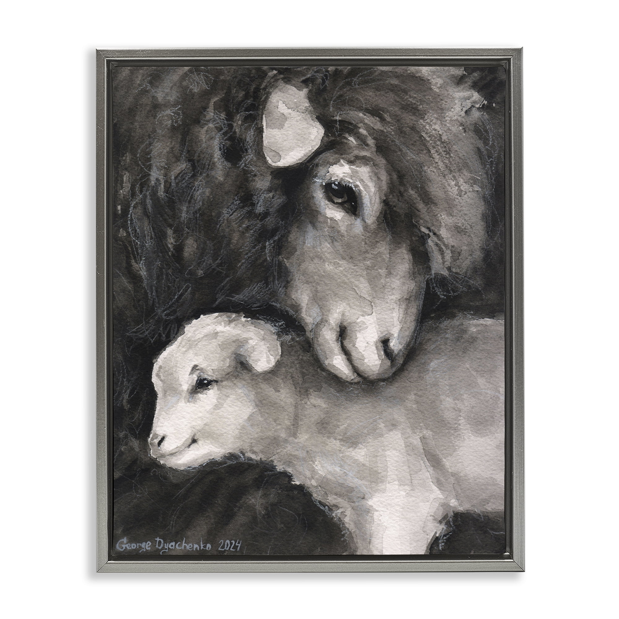 Stupell Industries Cuddling Sheep & Lamb Animals Painting Gray Floater Framed Canvas Art Print Wall Art, 17 x 21