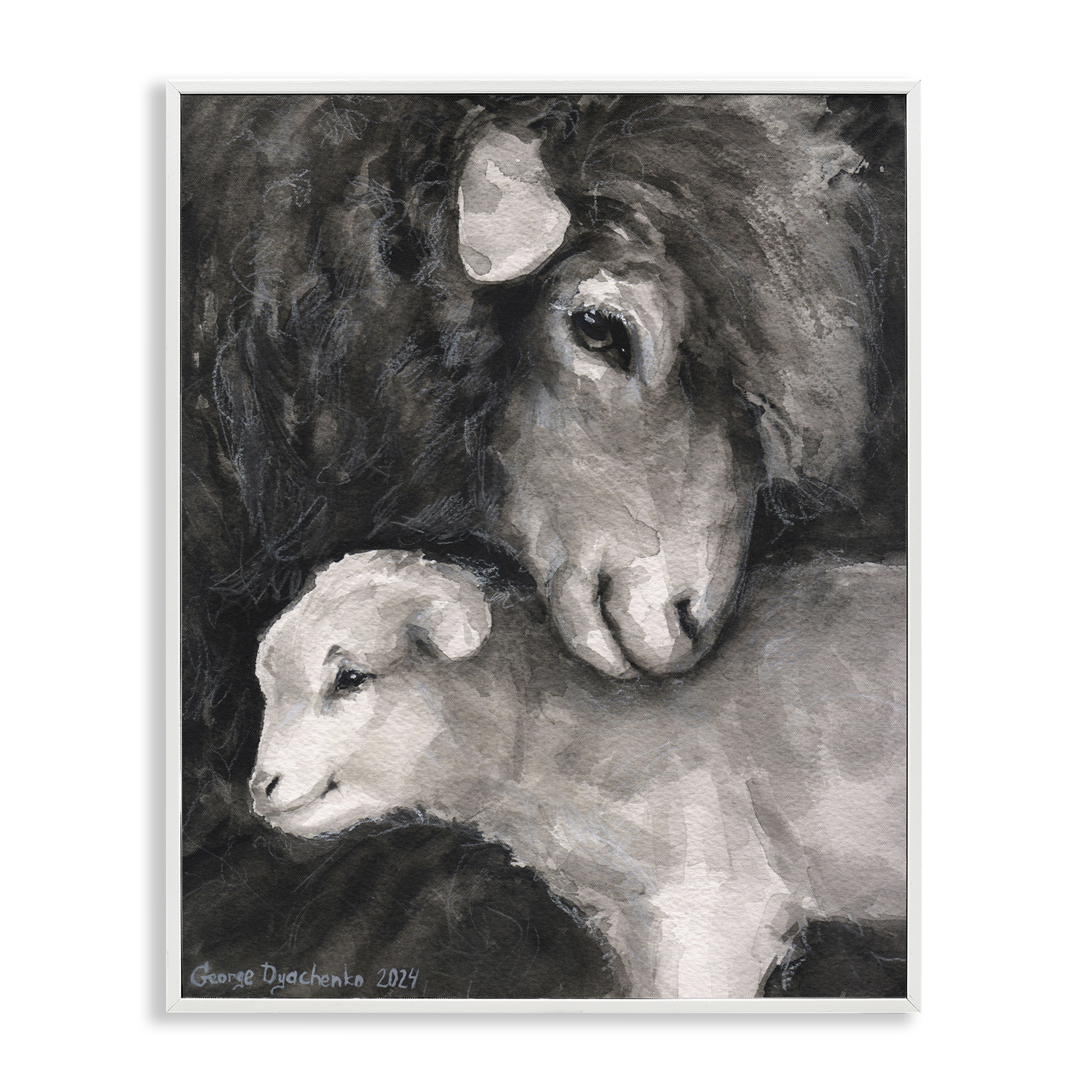 Stupell Industries Cuddling Sheep & Lamb Animals Painting White Framed Art Print Wall Art, 16 x 20