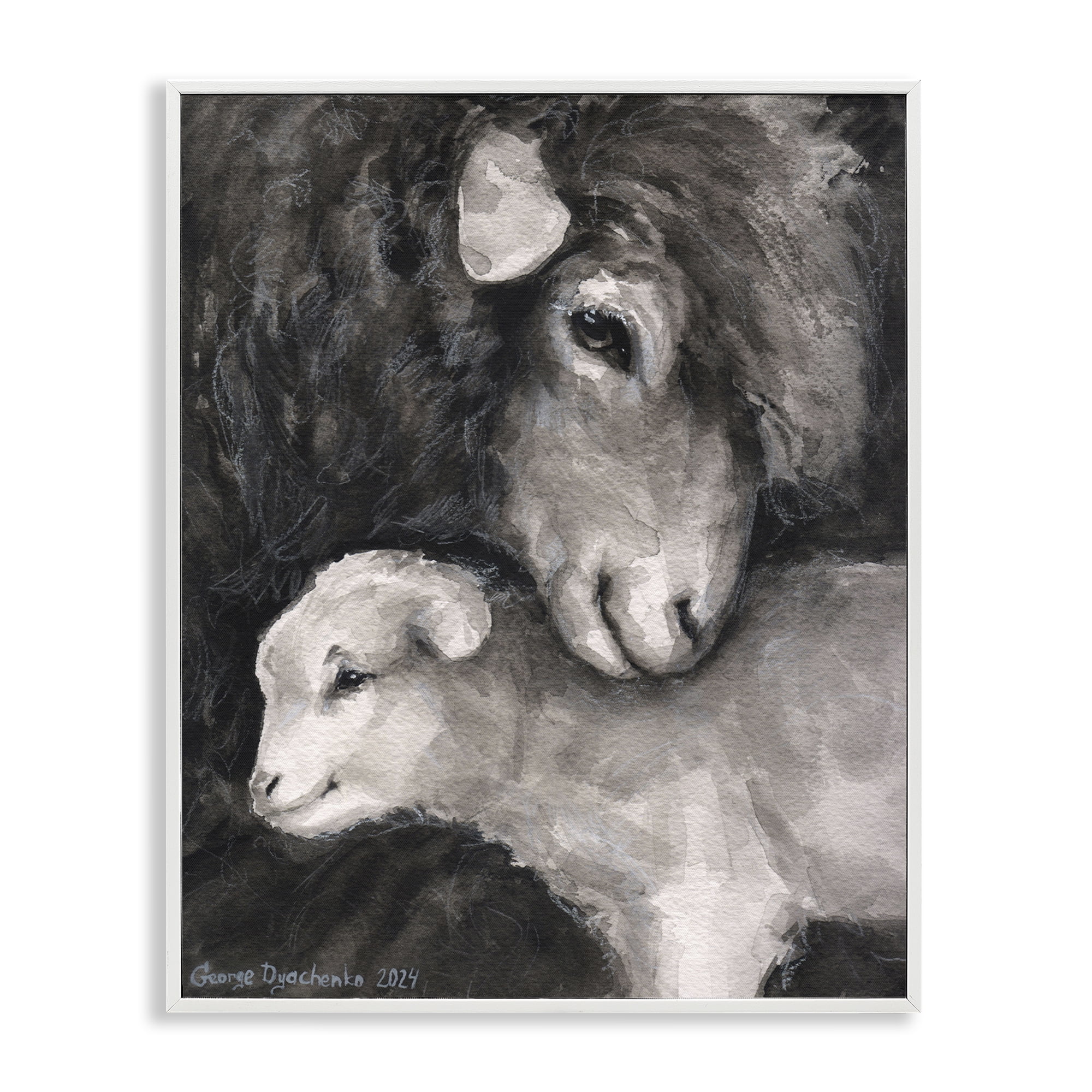 Stupell Industries Cuddling Sheep & Lamb Animals Painting White Framed Art Print Wall Art, 24 x 30