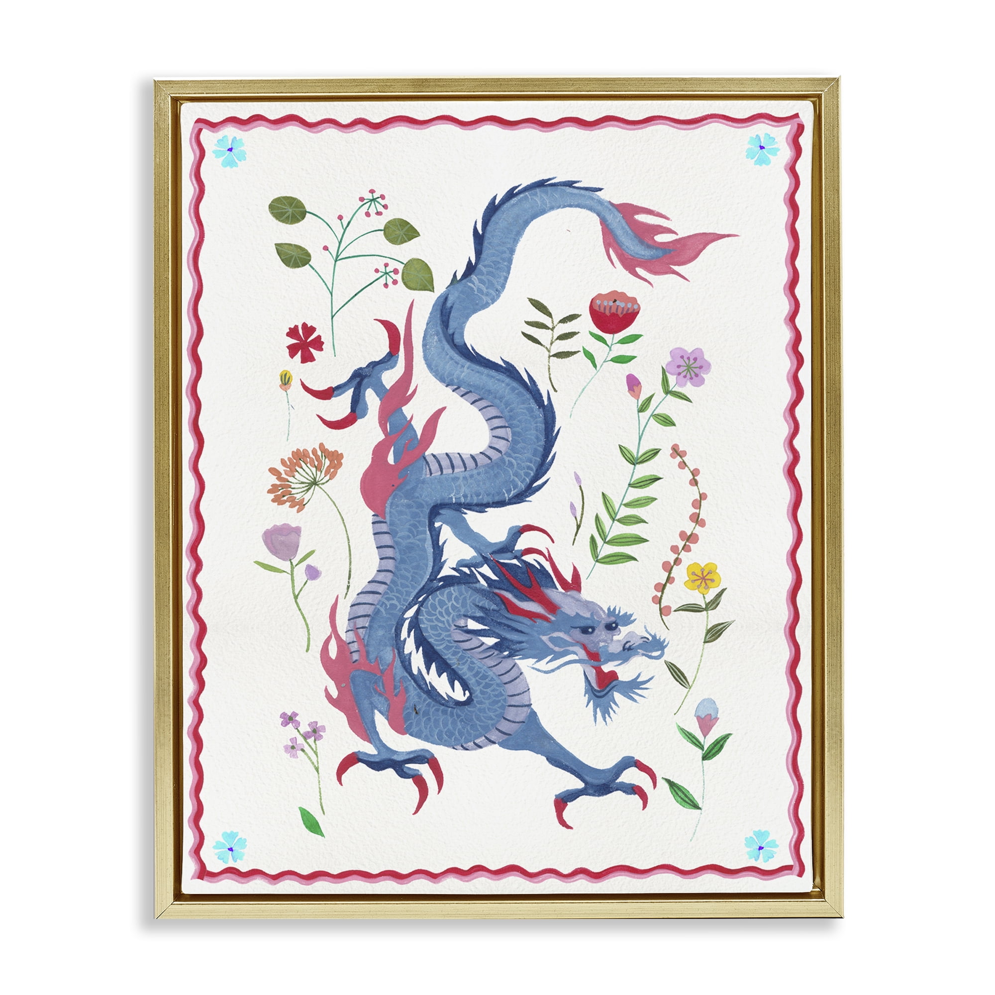 Stupell Industries Cultural Dragon & Plants Fantasy & Sci-Fi Painting Gold Floater Framed Canvas Art Print Wall Art, 25 x 31