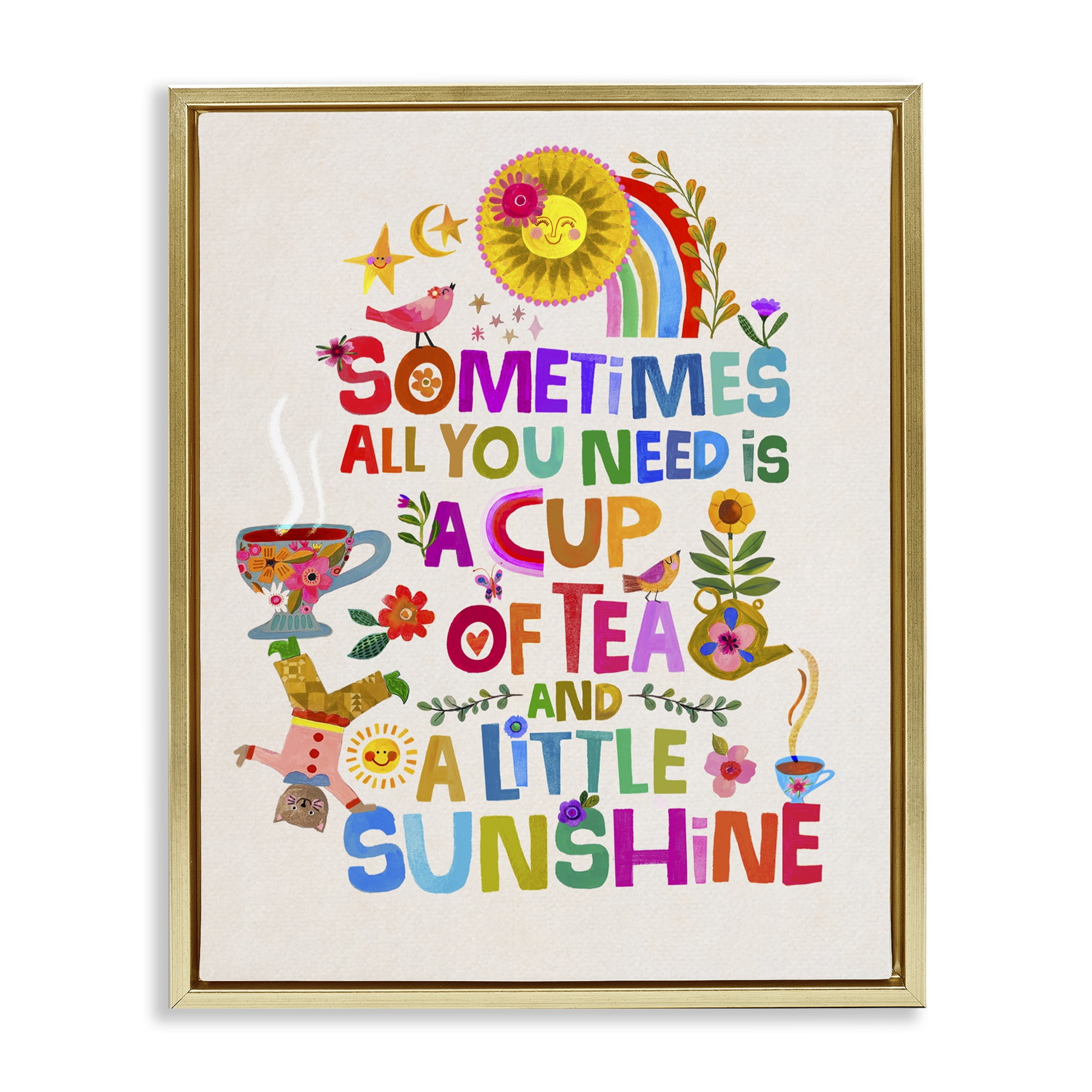 Stupell Industries Cup Of Tea & Sunshine Gold Framed Floater Canvas Wall Art, design by Katherine Herrell Studio