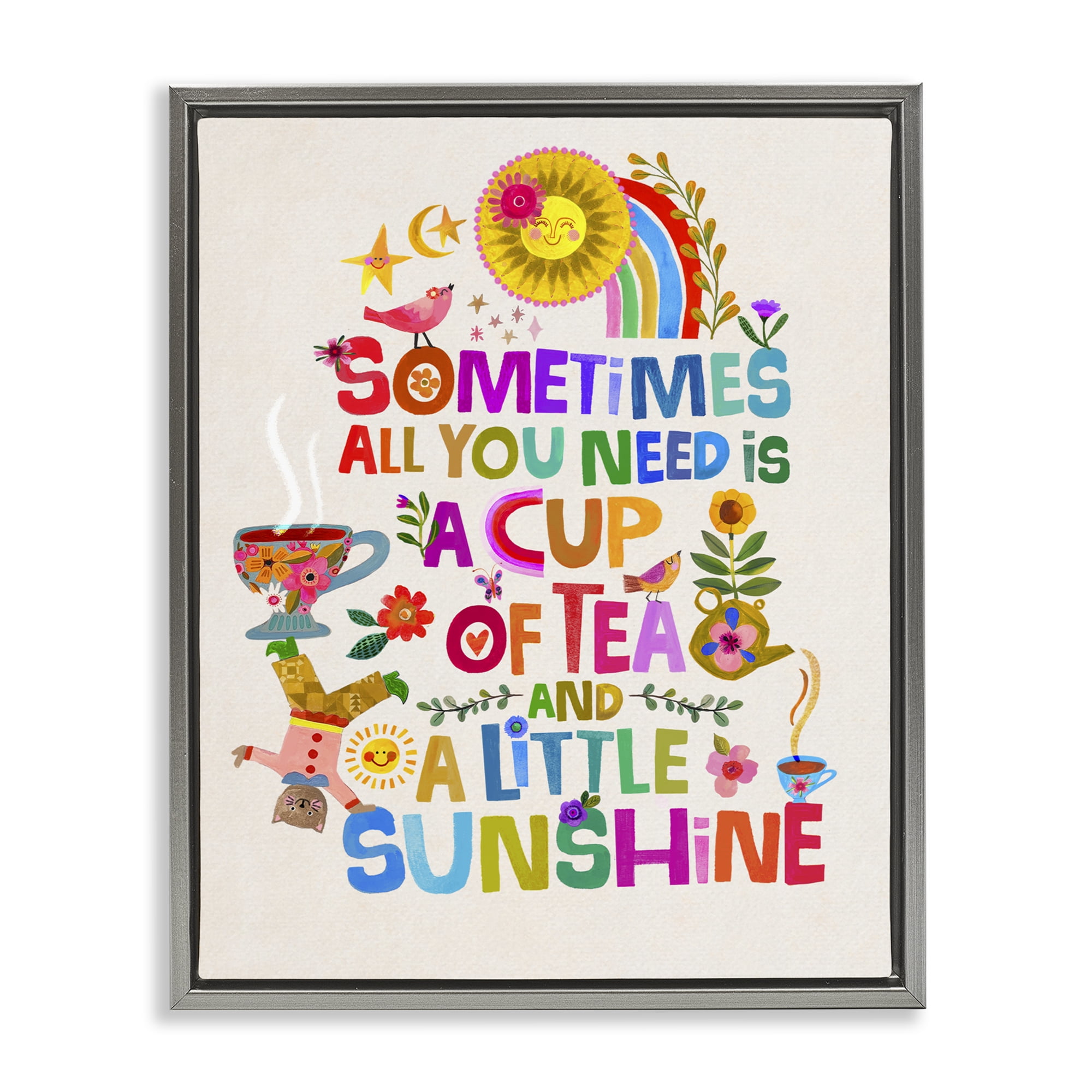 Stupell Industries Cup Of Tea & Sunshine Gray Framed Floater Canvas Wall Art, design by Katherine Herrell Studio