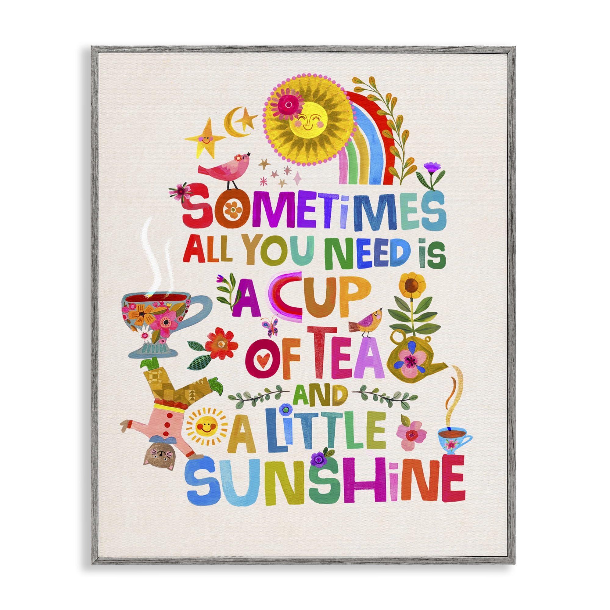 Stupell Industries Cup Of Tea & Sunshine Gray Framed Giclee Art, design by Katherine Herrell Studio