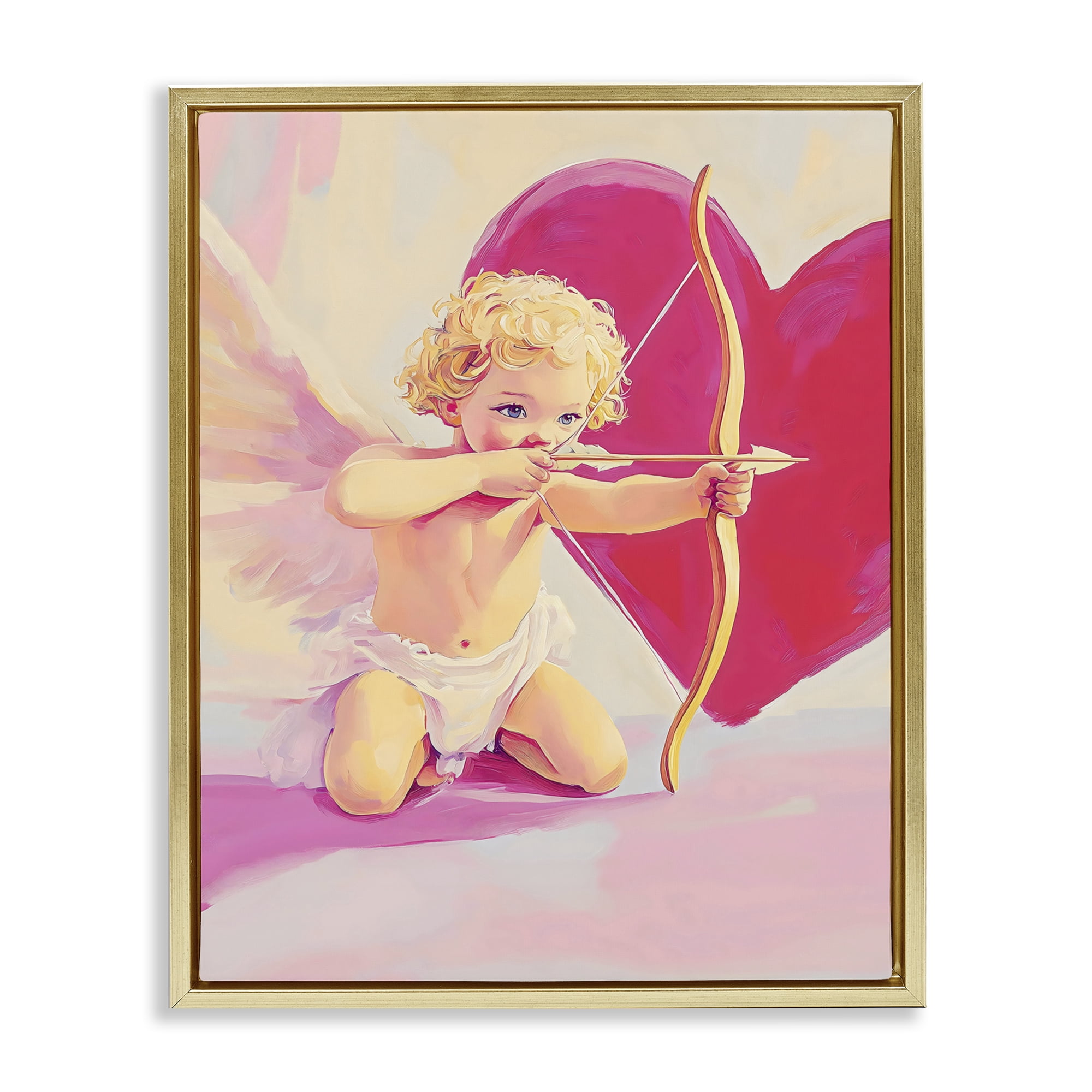 Stupell Industries Cupid Shooting Arrow with Heart Gold Framed Floater Canvas Wall Art, design by The Prints Vibe