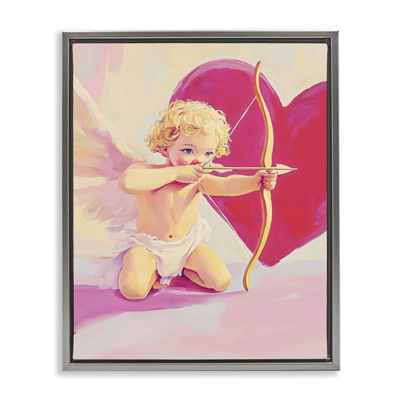 Stupell Industries Cupid Shooting Arrow with Heart Gray Framed Floater Canvas Wall Art, design by The Prints Vibe