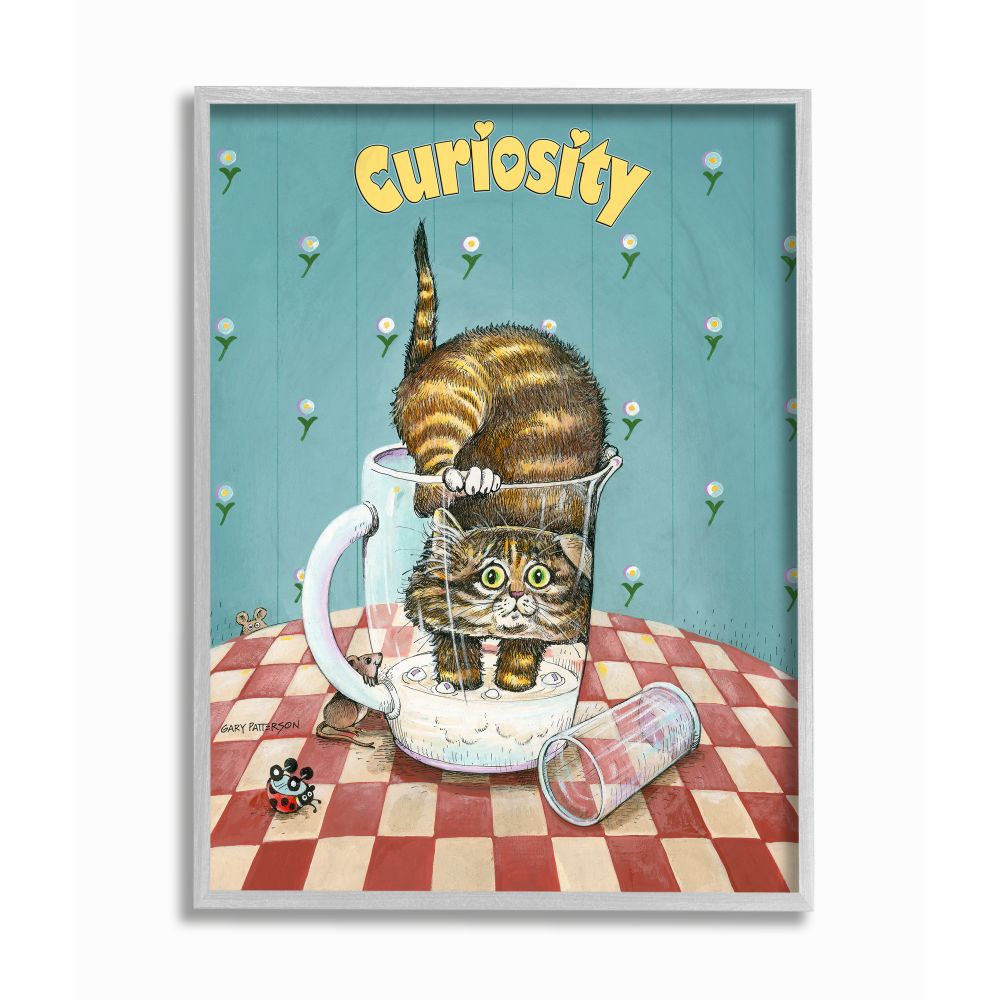 Stupell Industries Curiosity Funny Cat Cartoon Pet Design Framed Wall Art by Gary Patterson