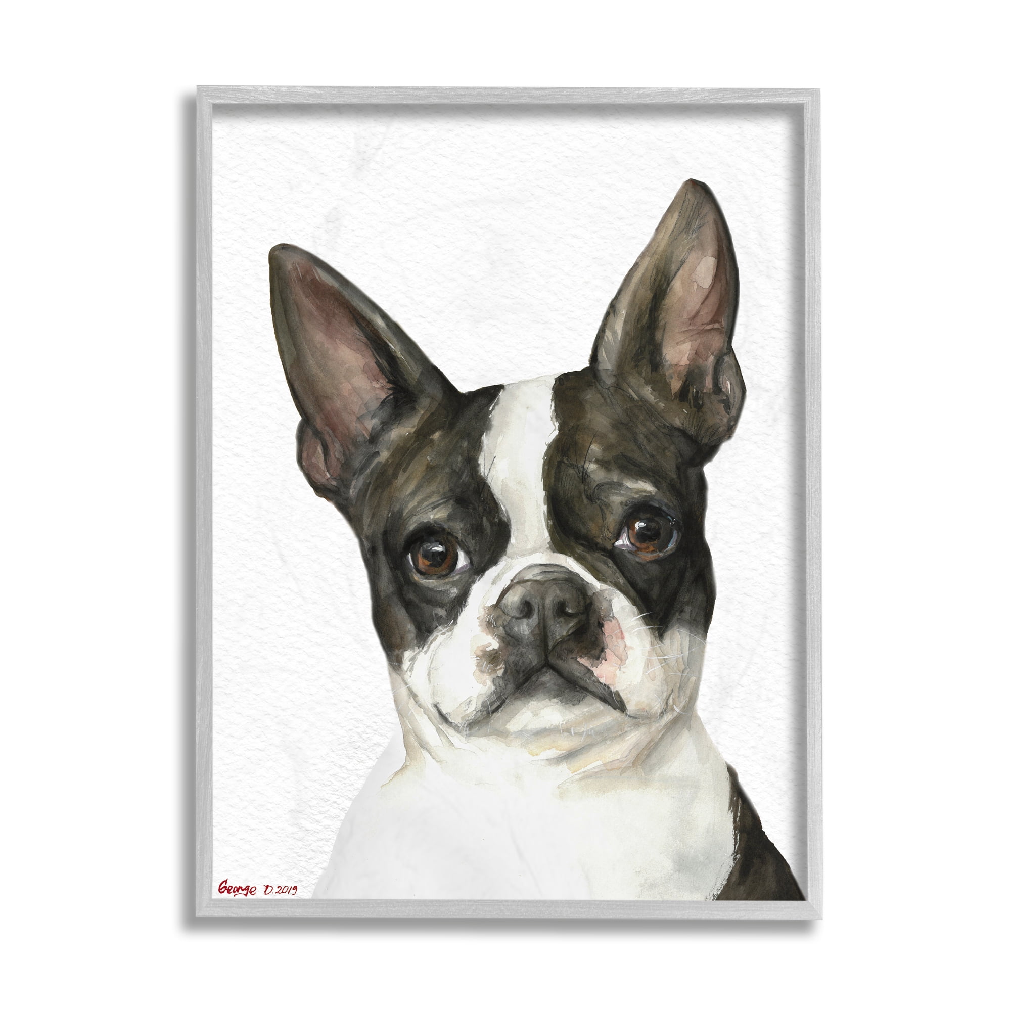 Stupell Industries Curious Boston Terrier Portrait Pet Dog Watercolor Grey Framed, 16 x 20, Design by George Dyachenko