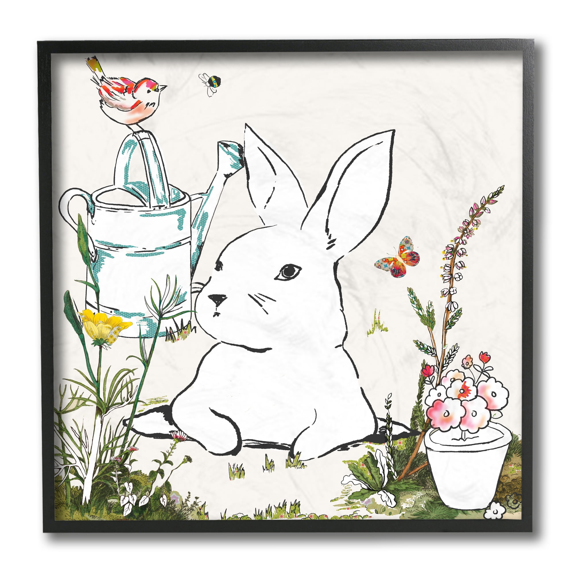 Stupell Industries Curious Bunny Rabbit Butterfly Garden Florals Animals & Insects Painting Black Framed Art Print Wall Art, 12 x 12