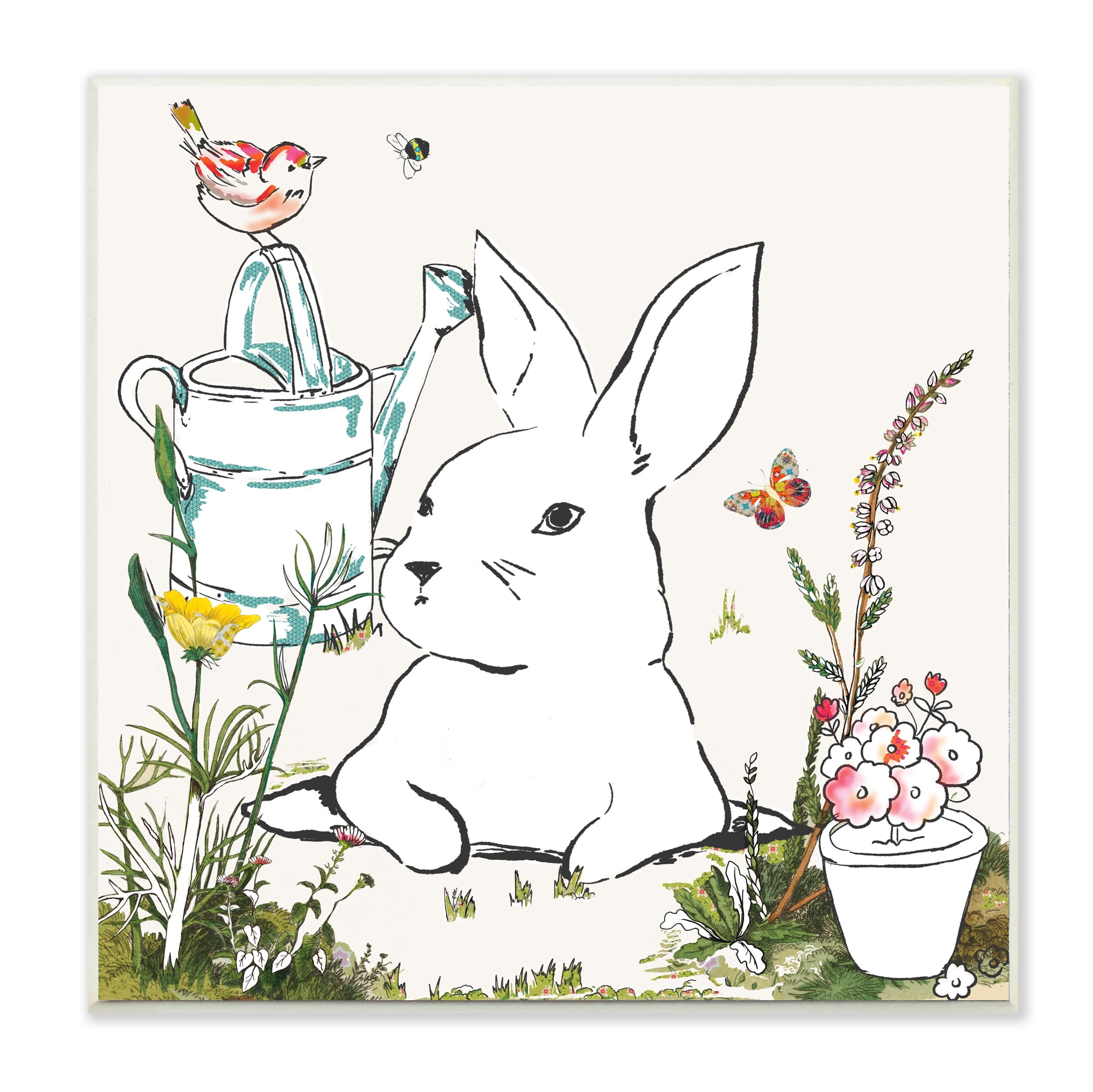 Stupell Industries Curious Bunny Rabbit Butterfly Garden Florals Wall Plaque, 12 x 12, Design by Sangita Bachelet