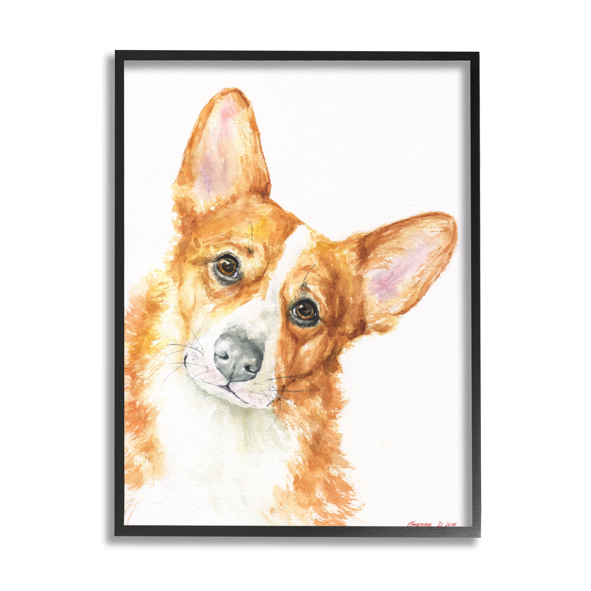 Stupell Industries Curious Corgi Dog Portrait Soft Brown Watercolor Black Framed, 16 x 20, Design by George Dyachenko