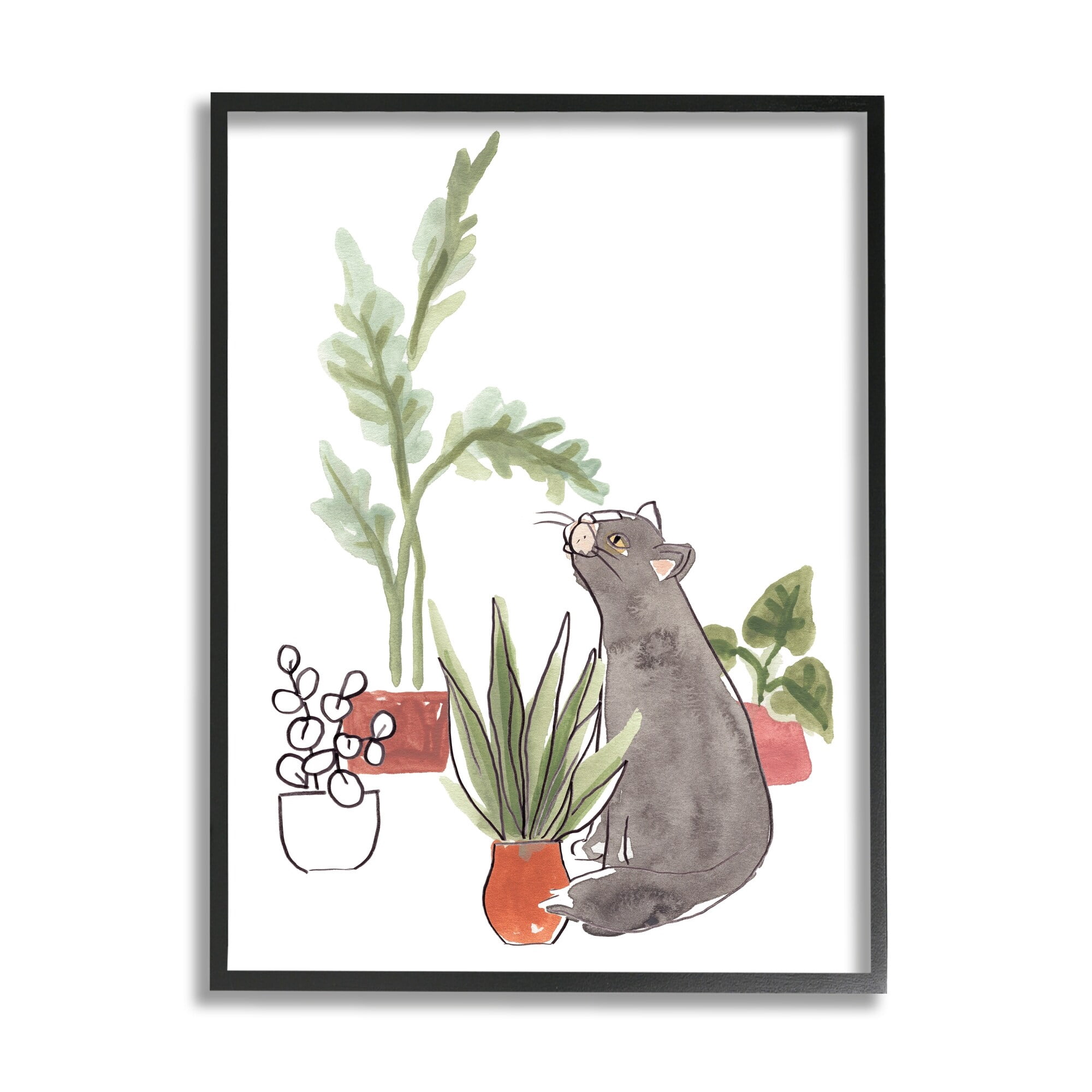 Stupell Industries Curious Grey Cat Indoor Pet House Plant Scene, 11 x 14, Design by June Erica Vess