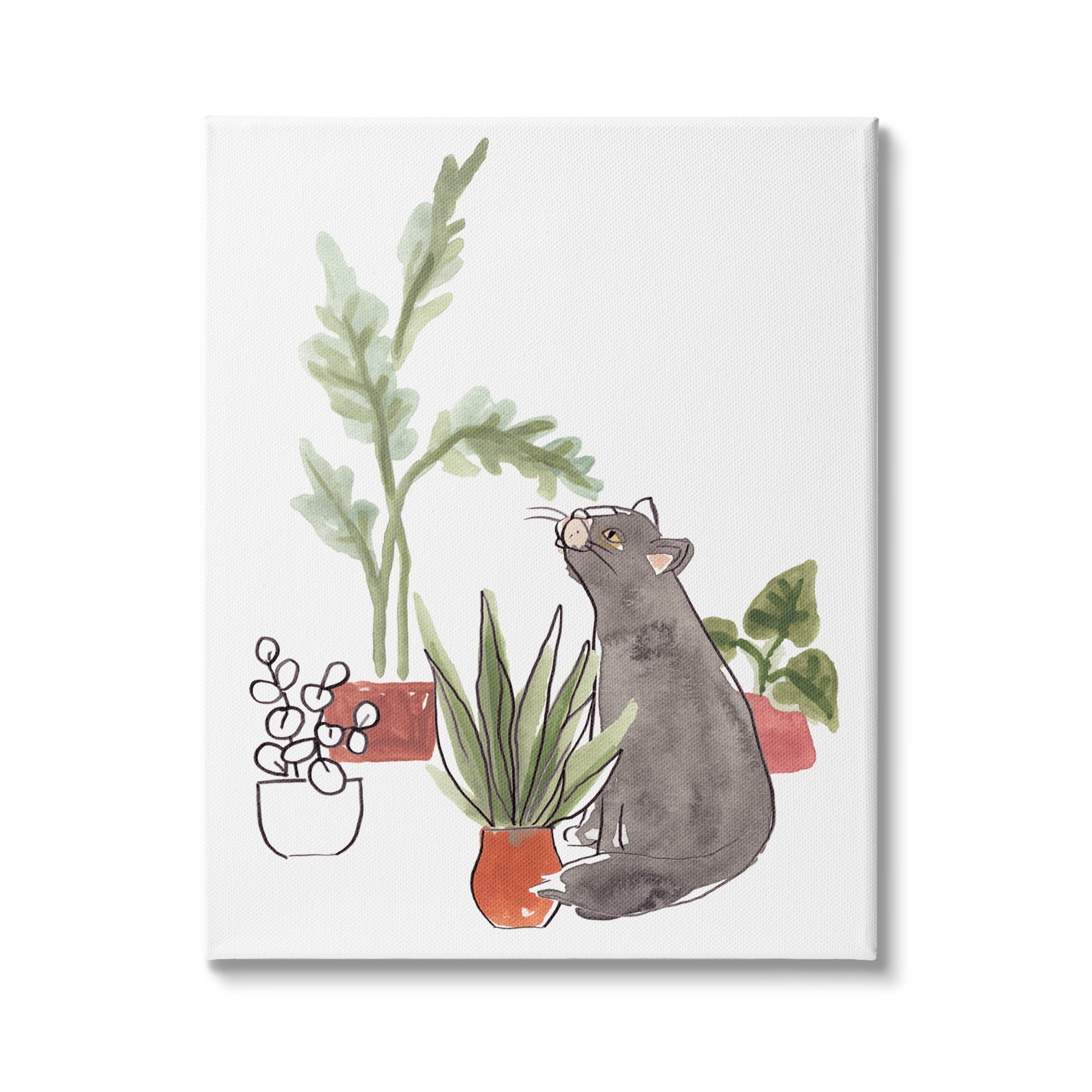 Stupell Industries Curious Grey Cat Indoor Pet House Plant Scene, 30 x 40, Design by June Erica Vess