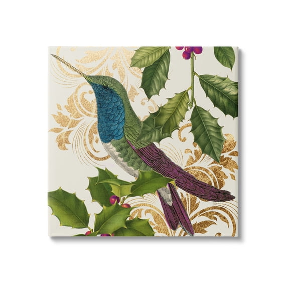 Stupell Industries Curious Hummingbird Golden Pattern Winter Holly Bird,17 x 17, Design by Daphne Polselli