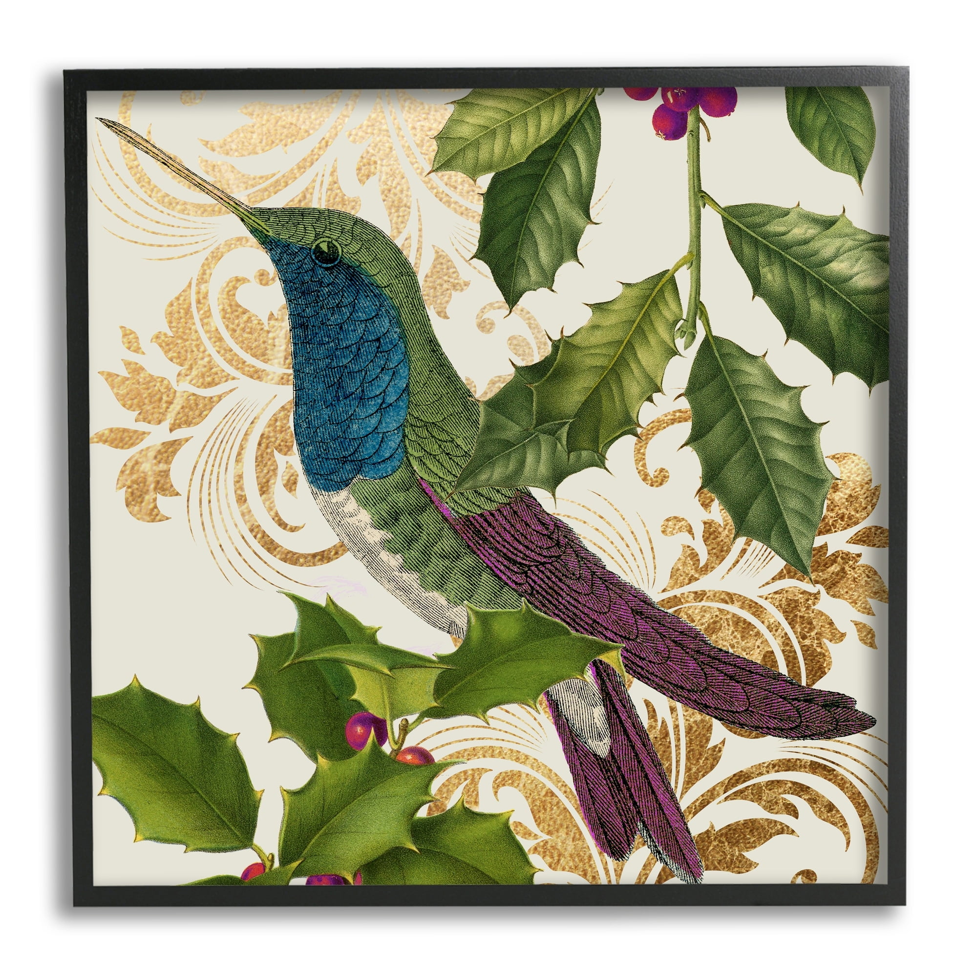 Stupell Industries Curious Hummingbird Golden Pattern Winter Holly Bird,17 x 30, Design by Daphne Polselli