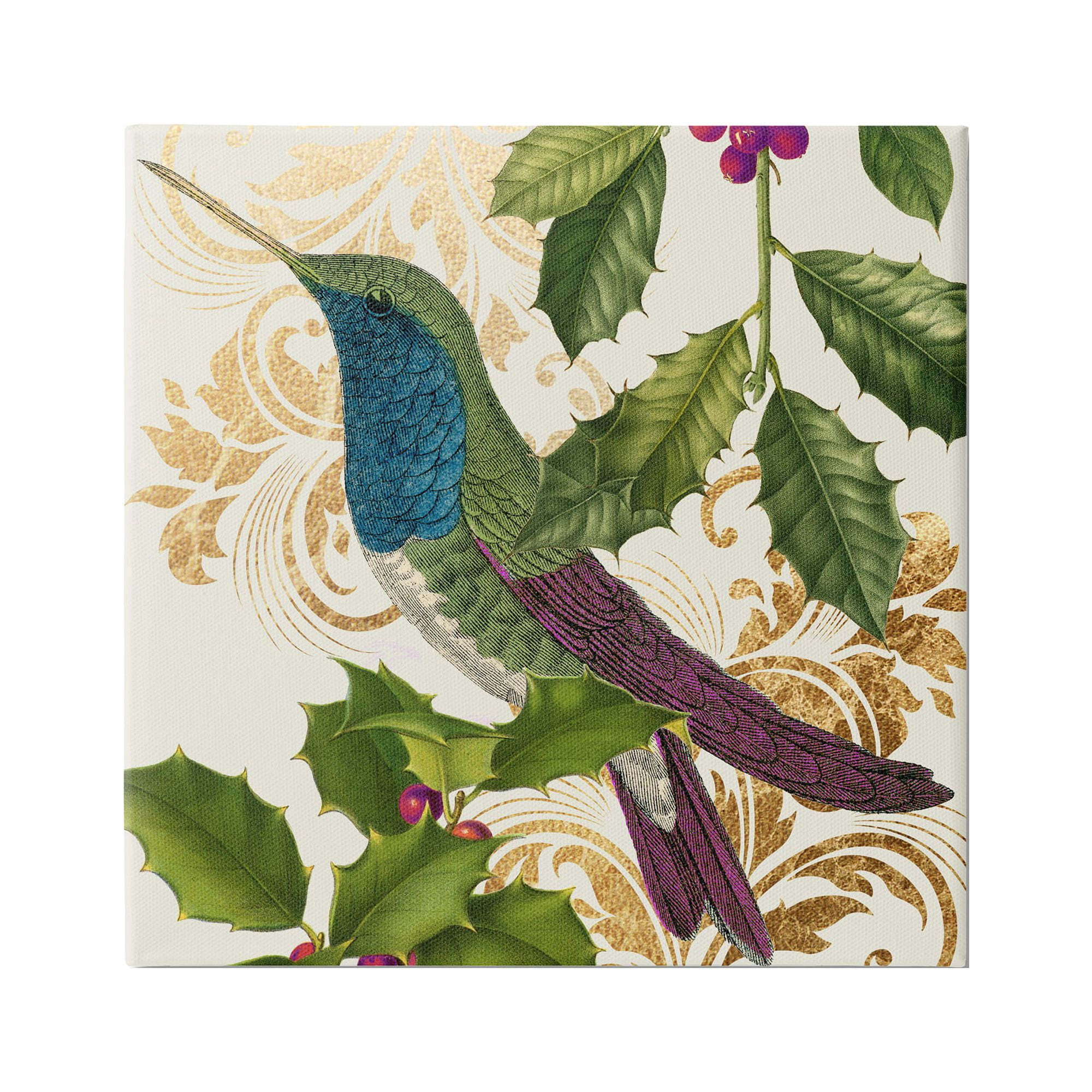 Stupell Industries Curious Hummingbird Golden Pattern Winter Holly Bird,30 x 30, Design by Daphne Polselli