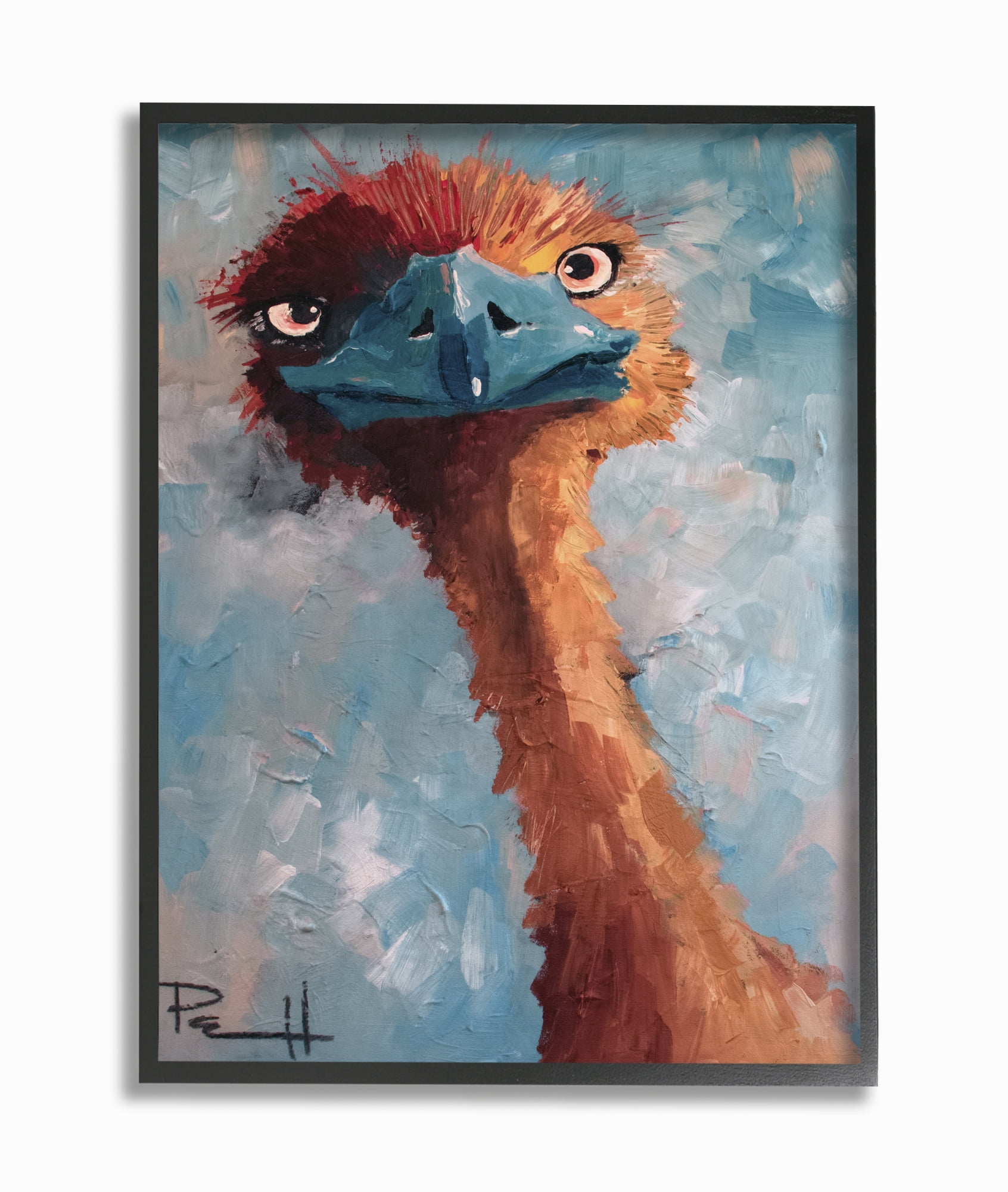 Stupell Industries Curious Ostrich Funny Red Blue Animal Painting Framed Wall Art by Sean Parnell