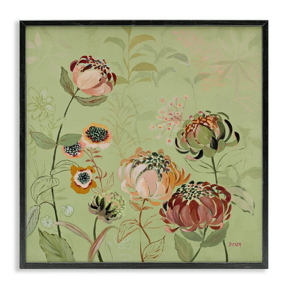 Stupell Industries Curled Chrysanthemums on Green Floral Painting Black Framed Art Print Wall Art, 12 x 12