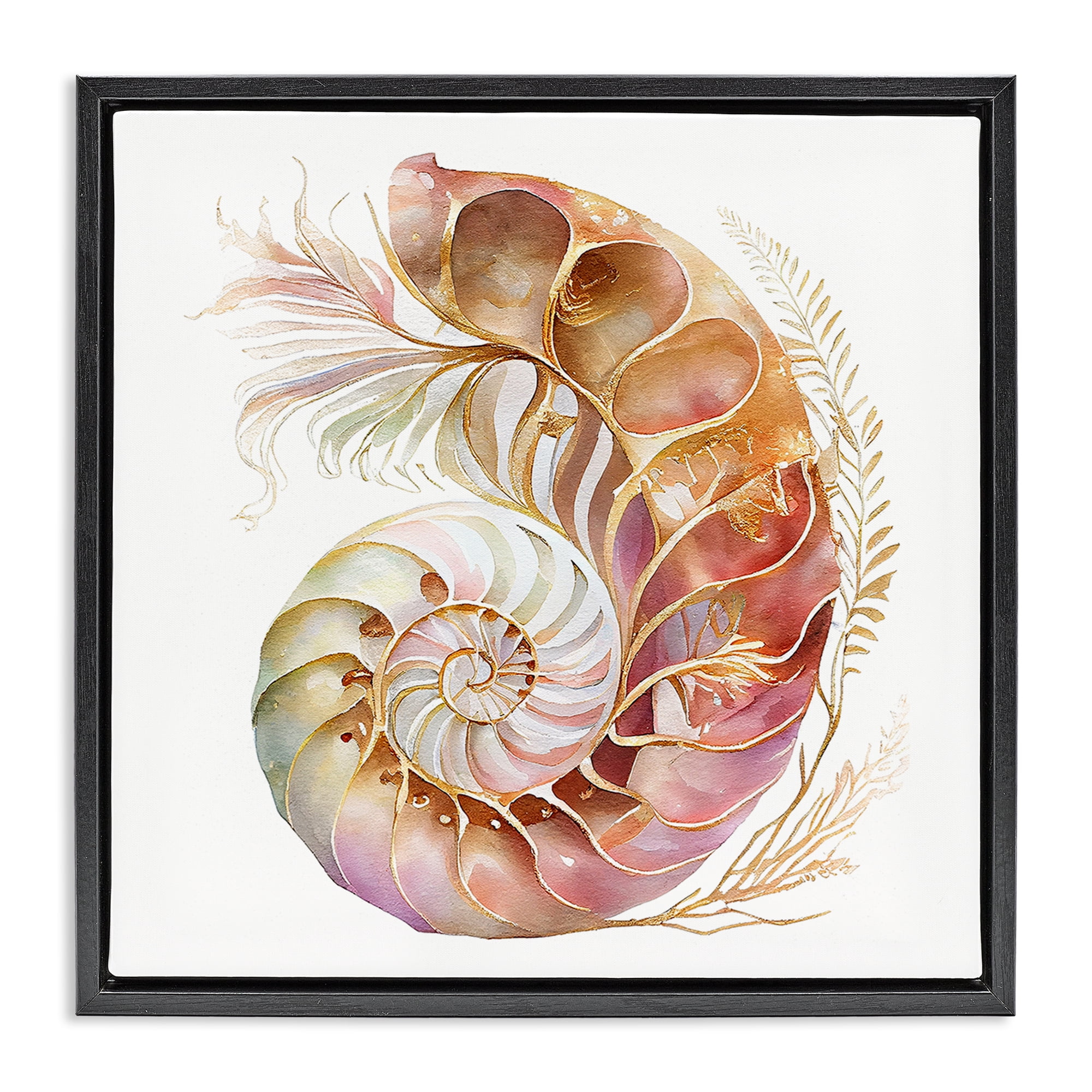 Stupell Industries Curled Nautilus Pattern Nautical & Beach Painting Black Floater Framed Canvas Art Print Wall Art, 25 x 25