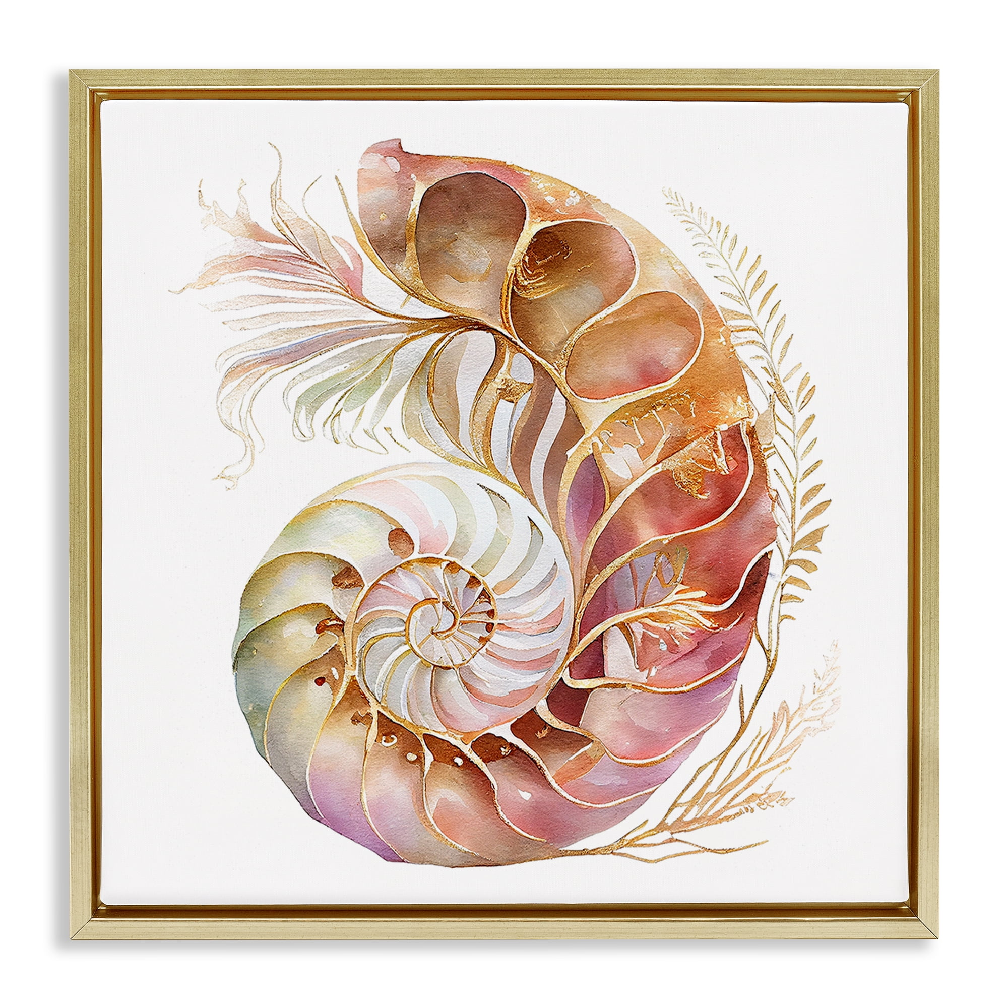 Stupell Industries Curled Nautilus Pattern Nautical & Beach Painting Gold Floater Framed Canvas Art Print Wall Art, 25 x 25